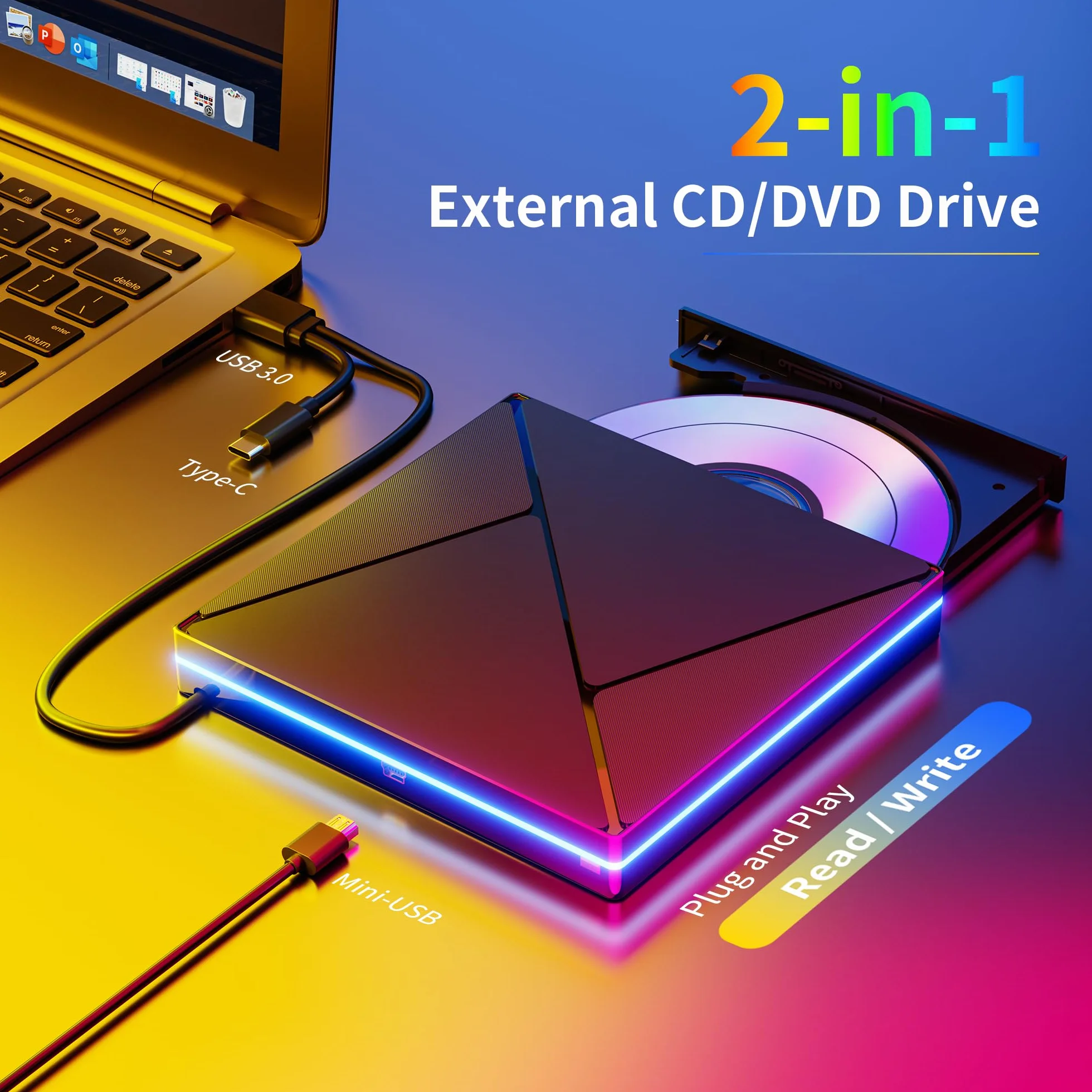 Zewnętrzny napęd CD/DVD USB 3.0 USB C z RGB do Mac i Windows