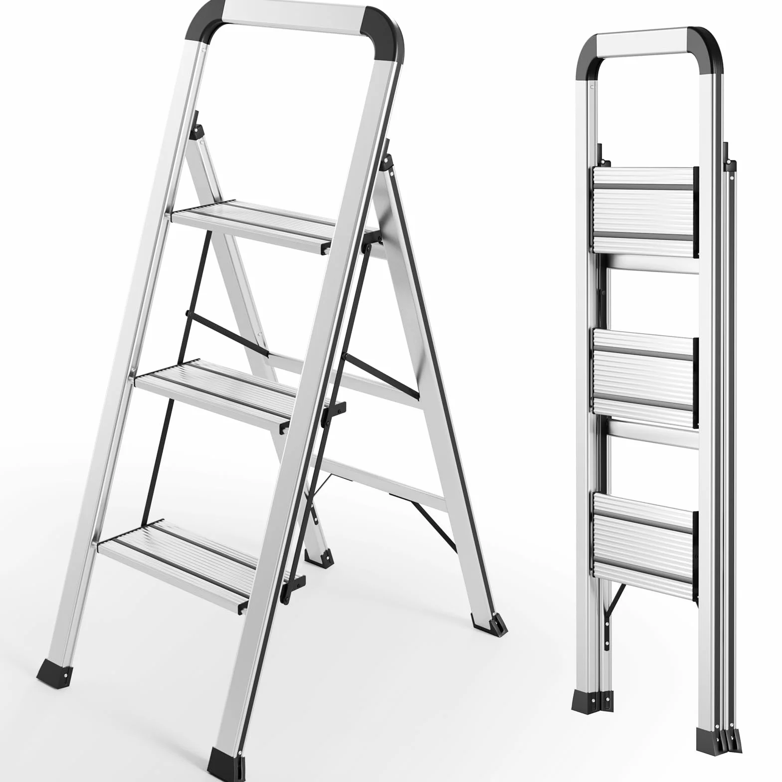 TLGREEN Aluminiowa drabina z poręczą, 3-stopniowa, składana, odporna na rdzę, antypoślizgowa, lekka, wielofunkcyjna, obciążenie do 150 kg, do kuchni, biura, domu, ogrodu