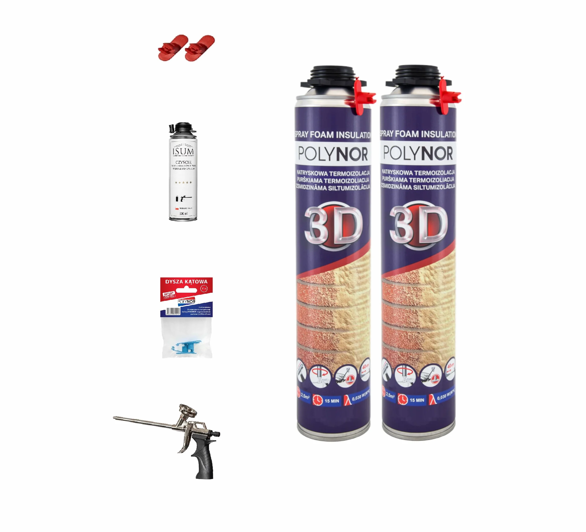 POLYNOR 3D Zestaw do izolacji natryskowej XXL - 24x850ml + akcesoria | natryskowa izolacja termiczna, pianka montażowa poliuretanowa PUR, czyścik 500ml, pistolet standard, dysze kątowe