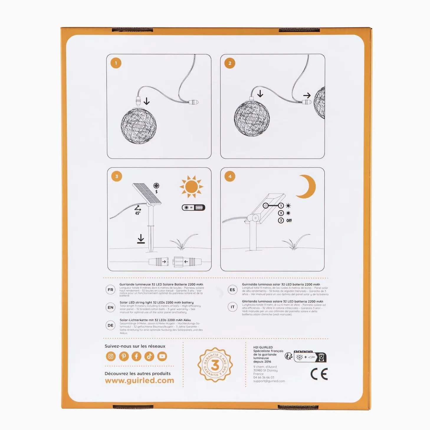 GuirLED - Girlanda zewnętrzna z kulami świetlnymi LED-Guinguette - Wodoszczelna IP55 - Wysokowydajny panel słoneczny - Automatyczne WŁĄCZ/WYŁĄCZ - 32 kule 6 m - Forest