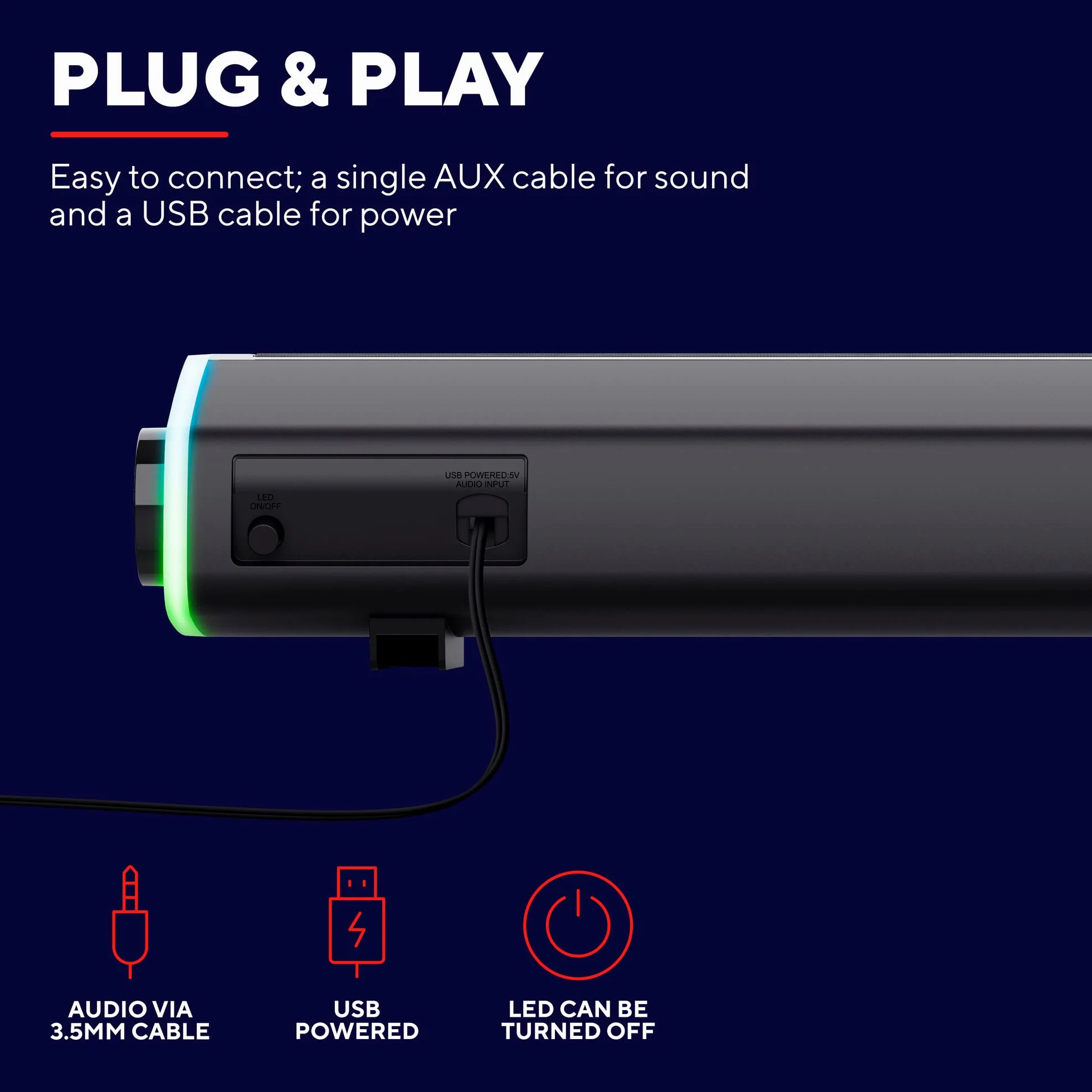 Trust Gaming GXT 620 Axon 12W RGB Podświetlana listwa dźwiękowa, zasilanie USB, 3,5 mm AUX, głośnik PC do laptopa, smartfona, tabletu, telewizora - czarny