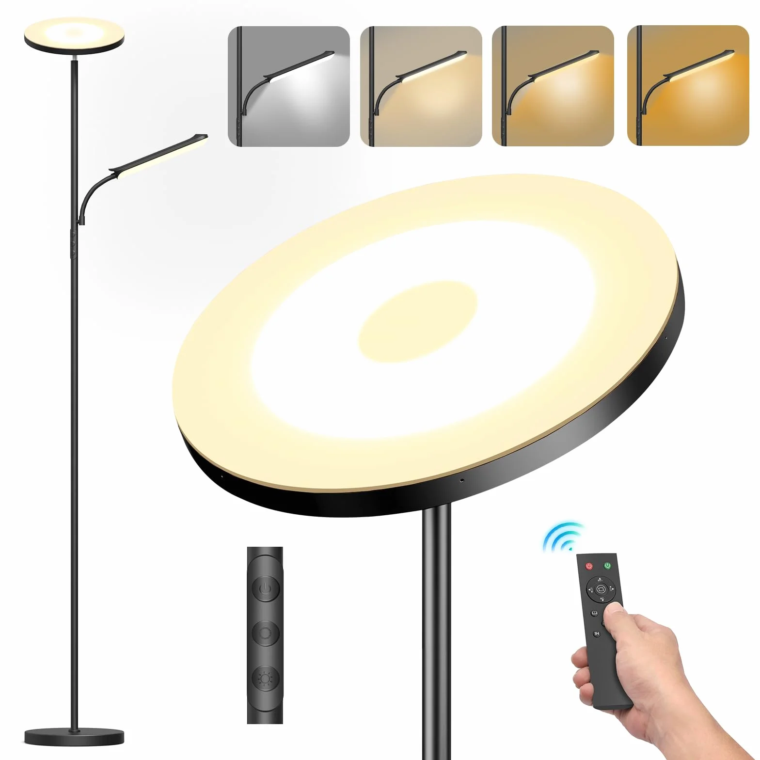 Lampa podłogowa LED 42 W, możliwość ściemniania, 4000 lm, super jasna, stojąca lampa podłogowa do salonu z czytnikiem lampy, 2700 K-6500K bezstopniowa ściemnialność, pilot zdalnego sterowania i