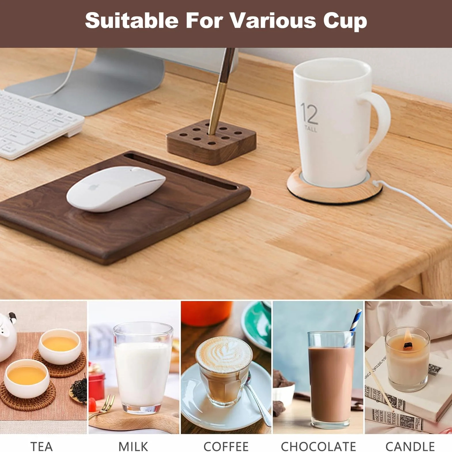 Kubek do kawy USB cieplej Coaster, podgrzewacz do filiżanek z drewna ziarno ciepła mata pod kubek do napojów, płyta grzewcza do kawy z mlekiem do użytku biurowego/domowego (jasne ziarno drewna)