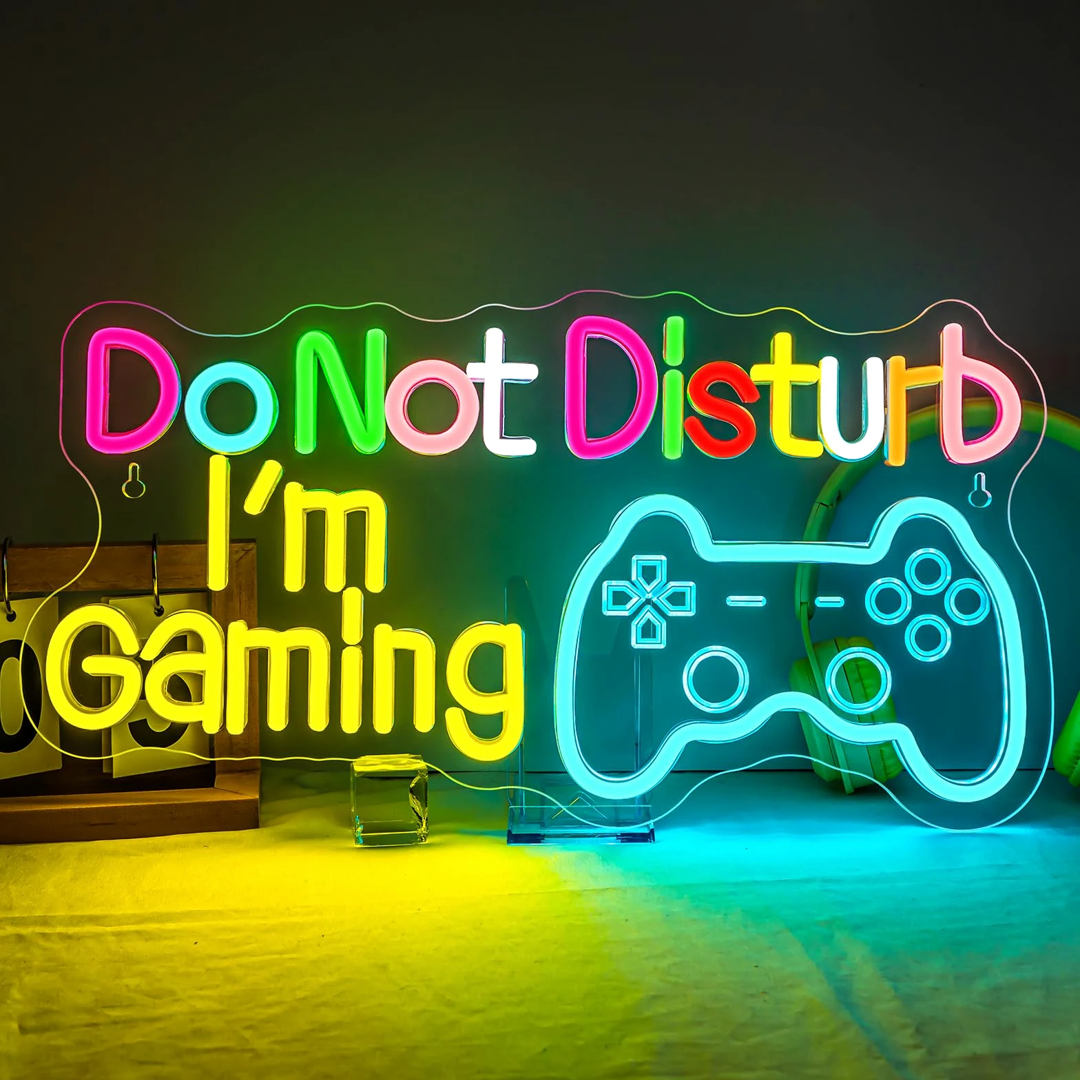Neonowy znak "Do Not Disturb I AM Gaming", jasny, duży, kolorowy, ściemniany zestaw słuchawkowy LED, oświetlenie i słuchawki, zasilane przez USB, podświetlane znaki do gry w strefę gier, pokój