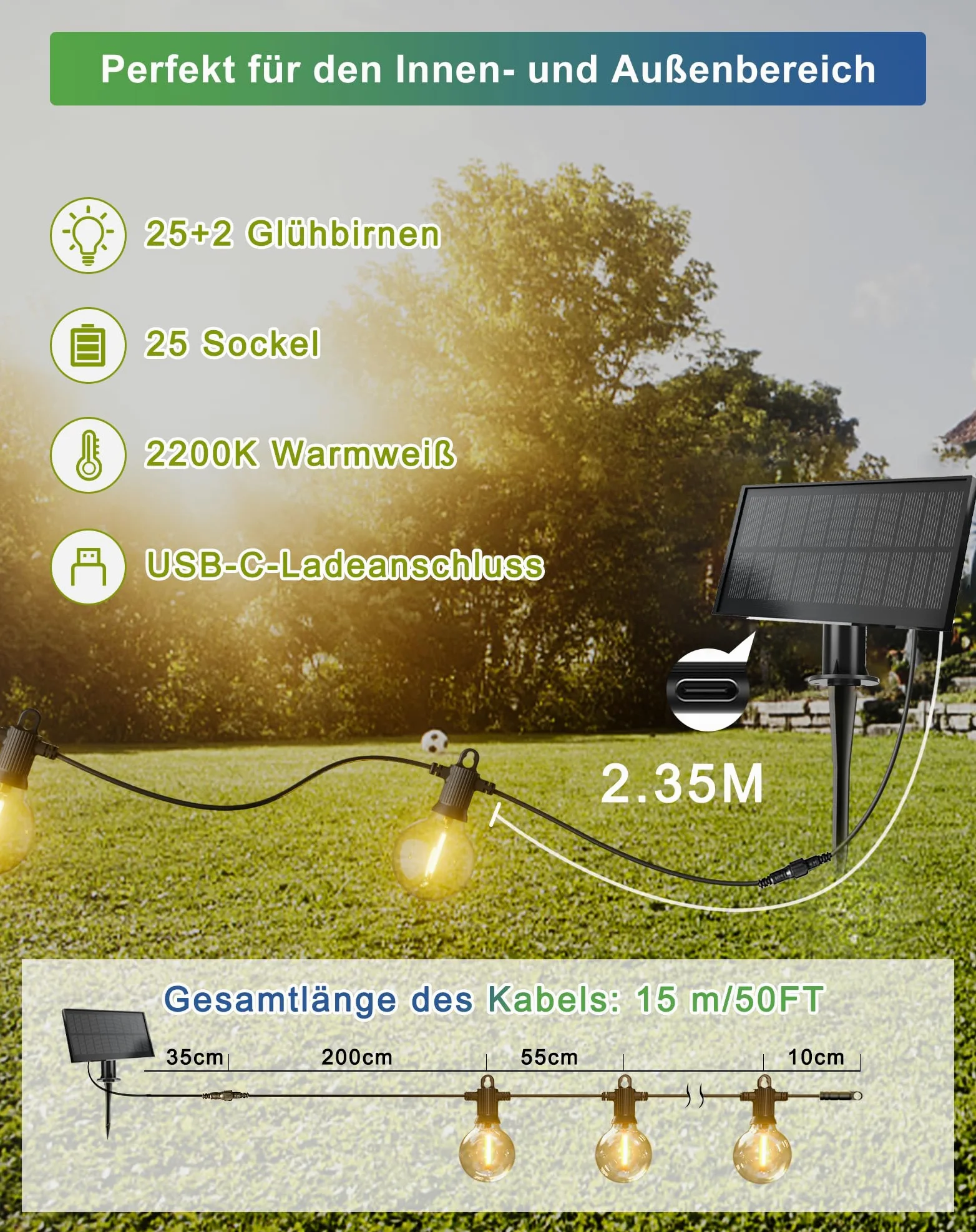 Zuske Solarny łańcuch świetlny na zewnątrz, 15 m, wodoszczelny, z 25 + 2 żarówkami G40, 5 trybów pracy, wodoszczelność IP65, solarny łańcuch świetlny do użytku na zewnątrz, do ogrodu, na taras, balkon