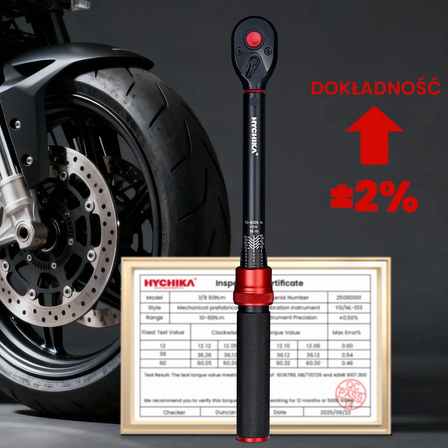 HYCHIKA klucz dynamometryczny 3/8", 10-60 Nm, dokładność ± 2%, 72 zęby, zestaw kluczy dynamometrycznych do samochodu, motocykla, roweru, adaptera 3/8 na 1/4, przegub kardanowy, drążek przedłużający 75