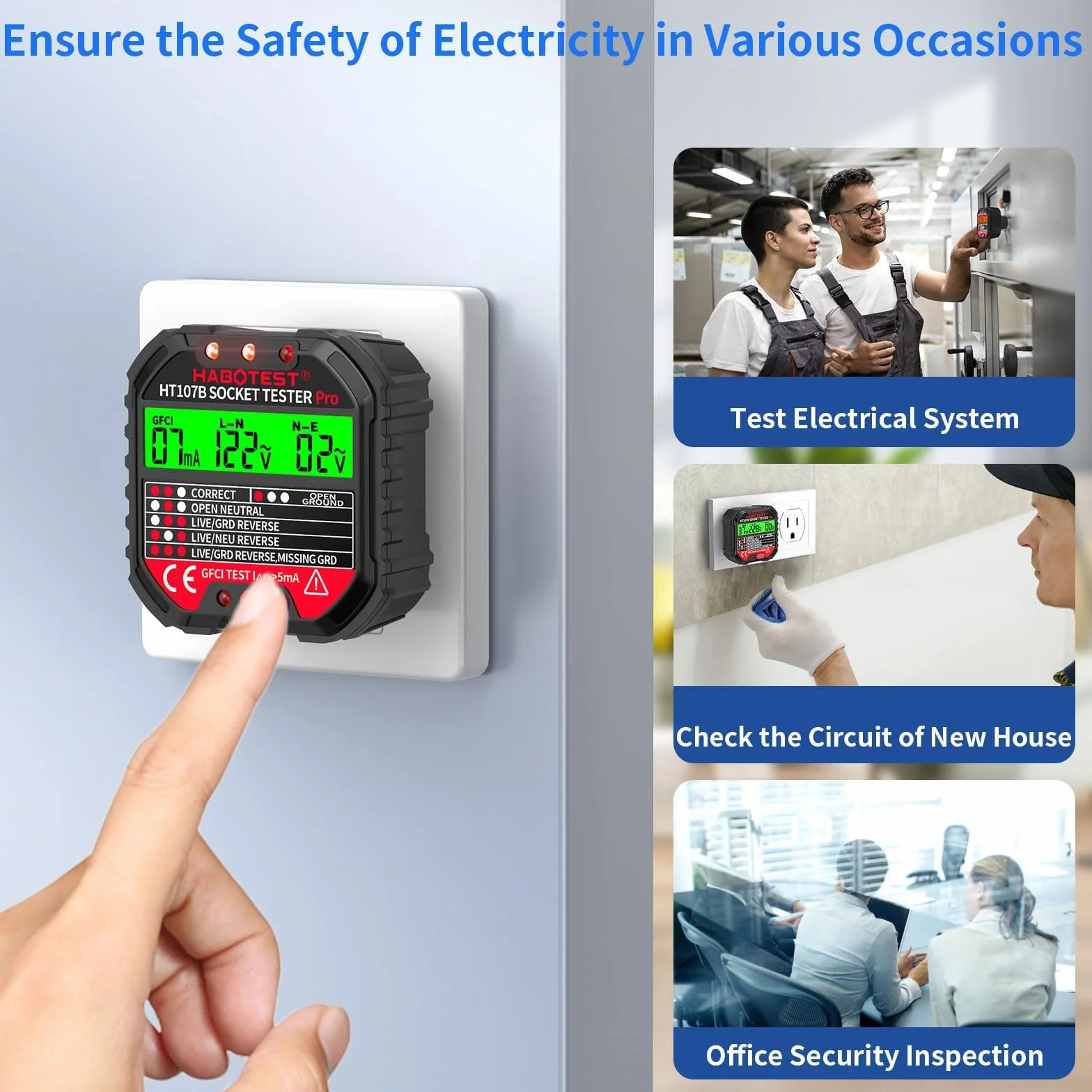 Tester gniazdek z kontrolką RCD, tester gniazd z kontrolką, 6 rodzajów diagnostyki błędów, tester napięcia, CAT ll 300 V