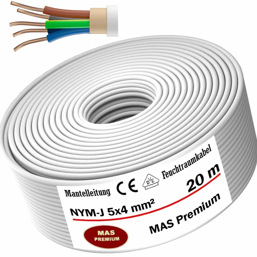 MAS Premium Kabel zasilający do wilgotnych pomieszczeń 5-200 m przewód płaszczowy NYM-J 3 x 1, 5 2,5 4 6 10 lub 5 x 1,5 2,5 4 6 10 16 kabel elektryczny do stałego montażu (NYM-J 5 x 4 mm², 20 m)