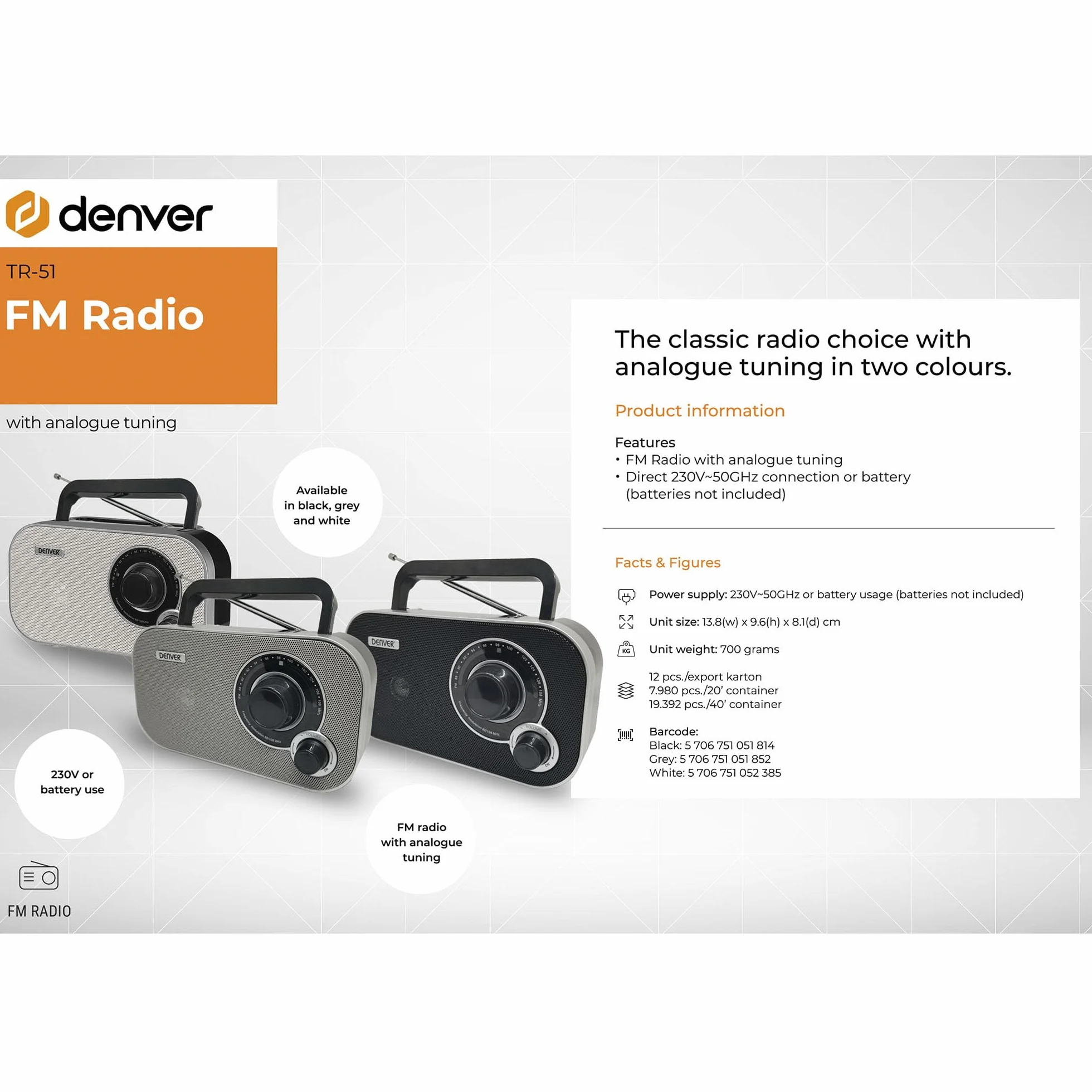 Denver TR-51 radio FM analogowe szare