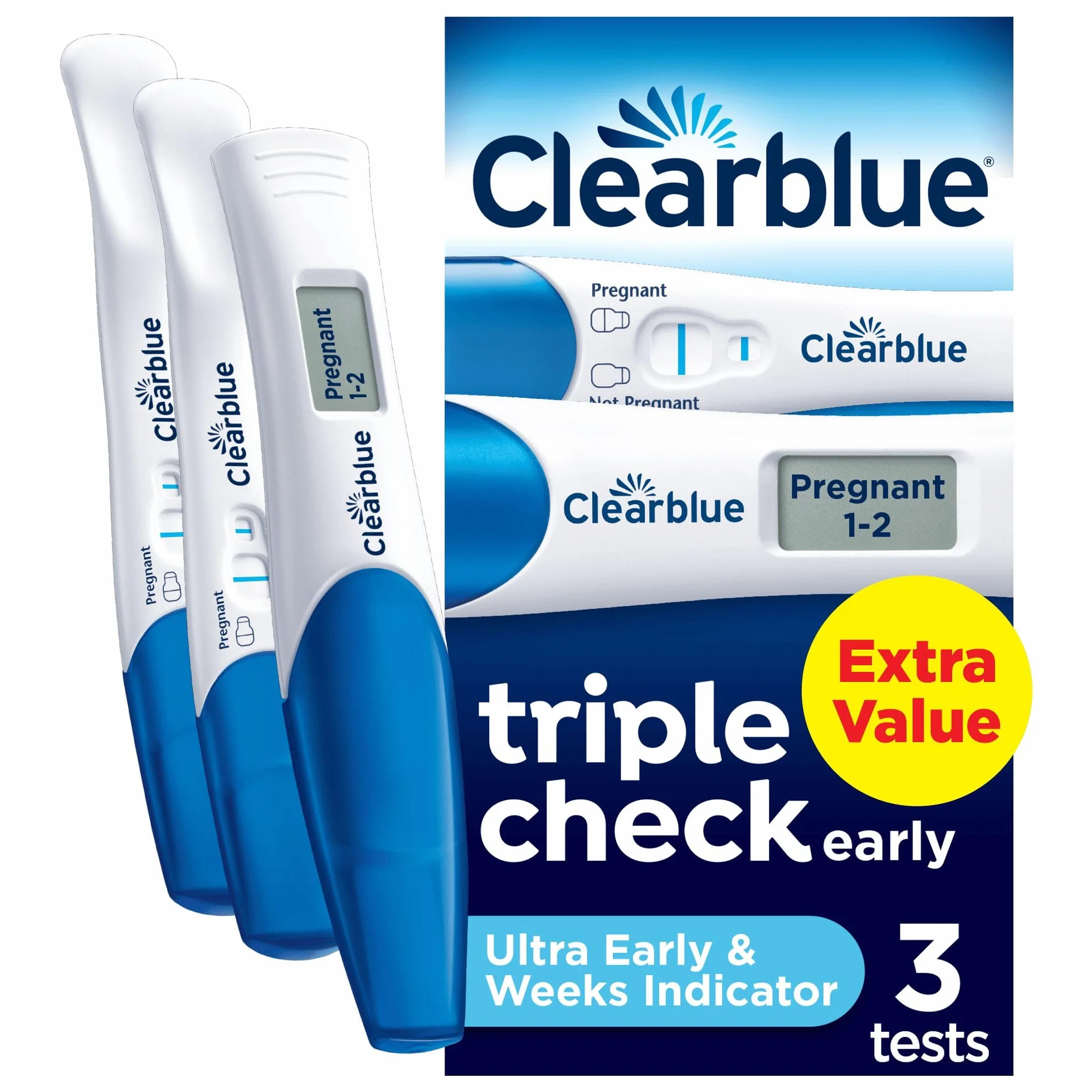 Clearblue Test ciążowy Ultra Early Triple Check & Date Combo Pack, wyniki 6 dni (kije wizualne) informują, ile tygodni (cyfrowy drążek), zestaw 3 testów (1 cyfrowy, 2 wizualne), opakowanie może się