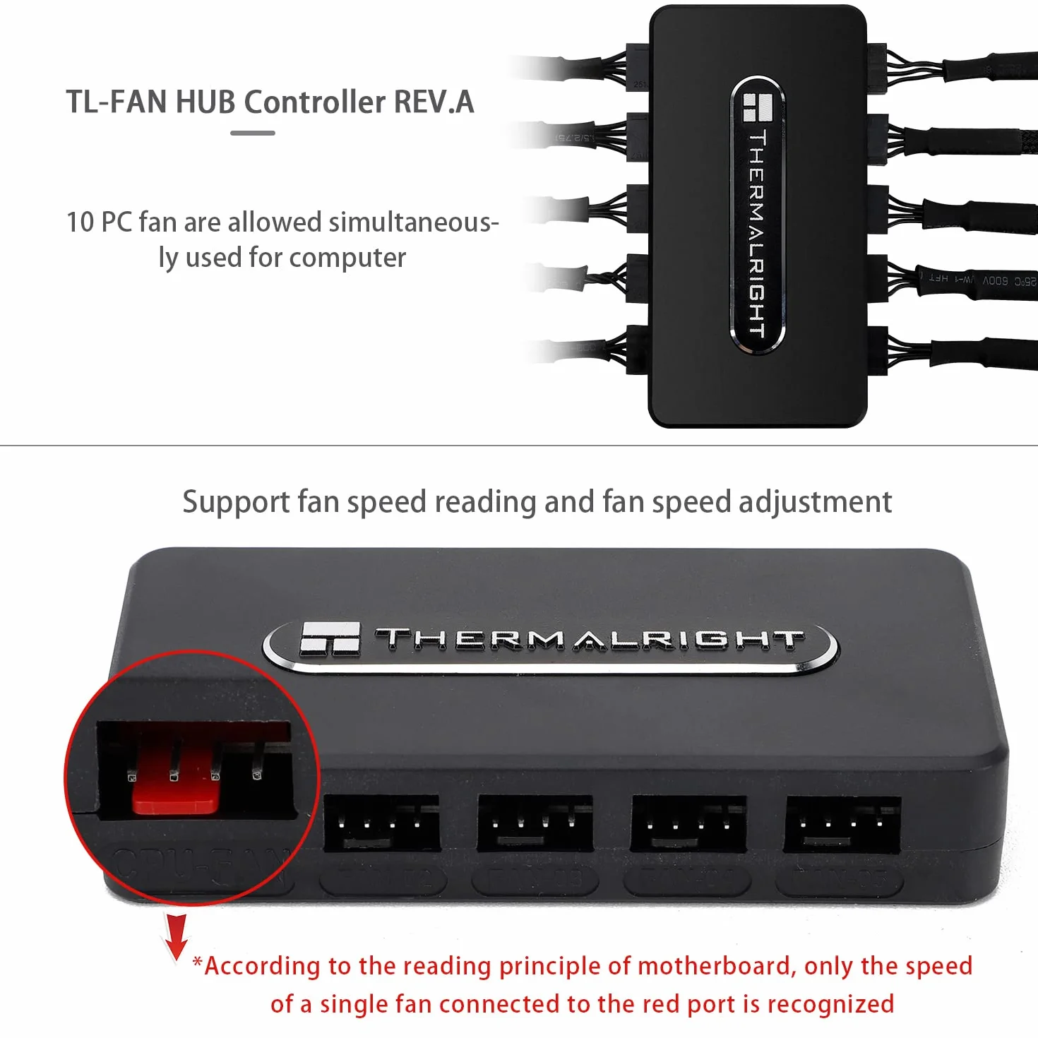 Thermalright Kontroler FAN HUB REV, 10-portowy, 4-pinowy kontroler wentylatora PC, koncentrator wentylatora 12 V, mocna pasta + zasysanie magnetyczne, bezpośrednie wejście kabla zasilającego SATA