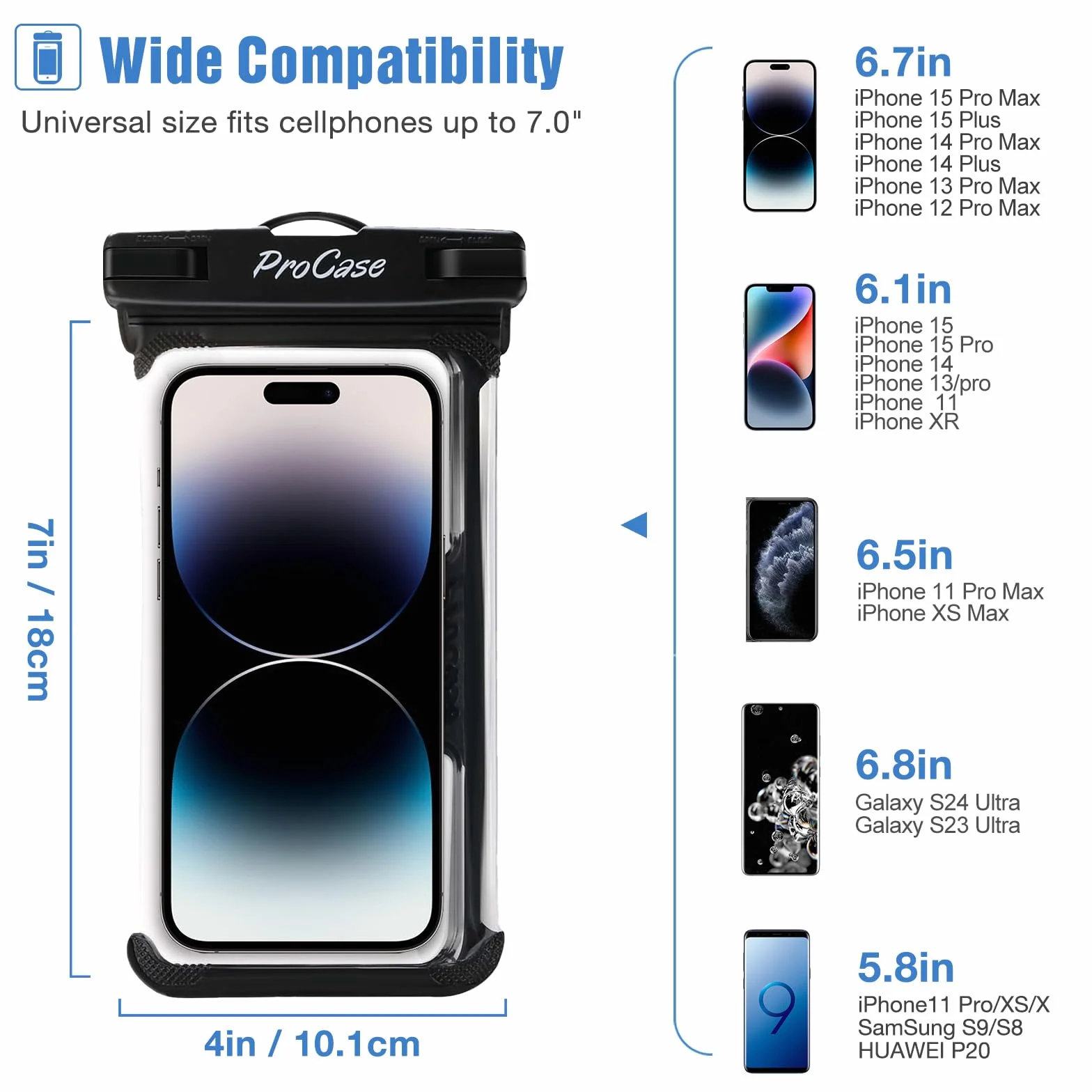 ProCase wodoodporne etui na telefon IPX8 do iPhone 15 14 13 12 Pro Max Samsung Galaxy S24 S23 Ultra S22 A54 7 cali czarne
