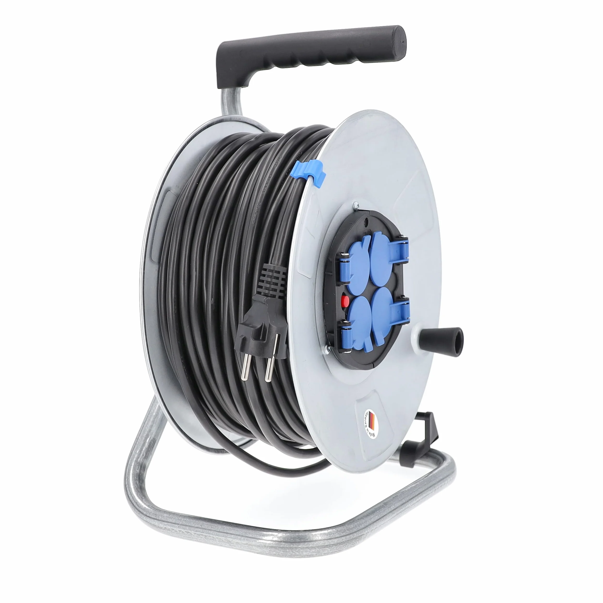as - Schwabe Metall-Kabeltrommel – mit 50 m Kunststoffmantelleitung 230 V / 16 A – Verlängerungskabel-Trommel mit 4 Schutzkontakt-Steckdosen – IP20 – Made in Germany – Silber I 10319