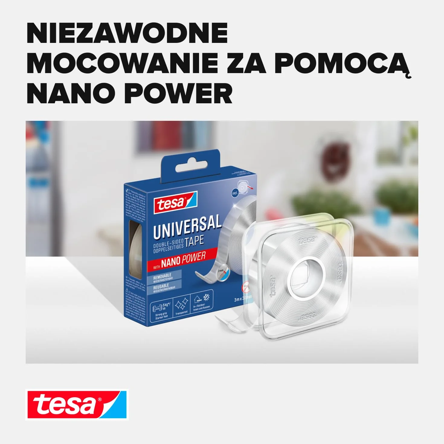 tesa Uniwersalna taśma Nano – przezroczysta, dwustronna taśma klejąca, łatwa do usunięcia i ponownego użytku, odporna na warunki atmosferyczne, do użytku wewnątrz i na zewnątrz, 1 rolka – 3 m x 30 mm
