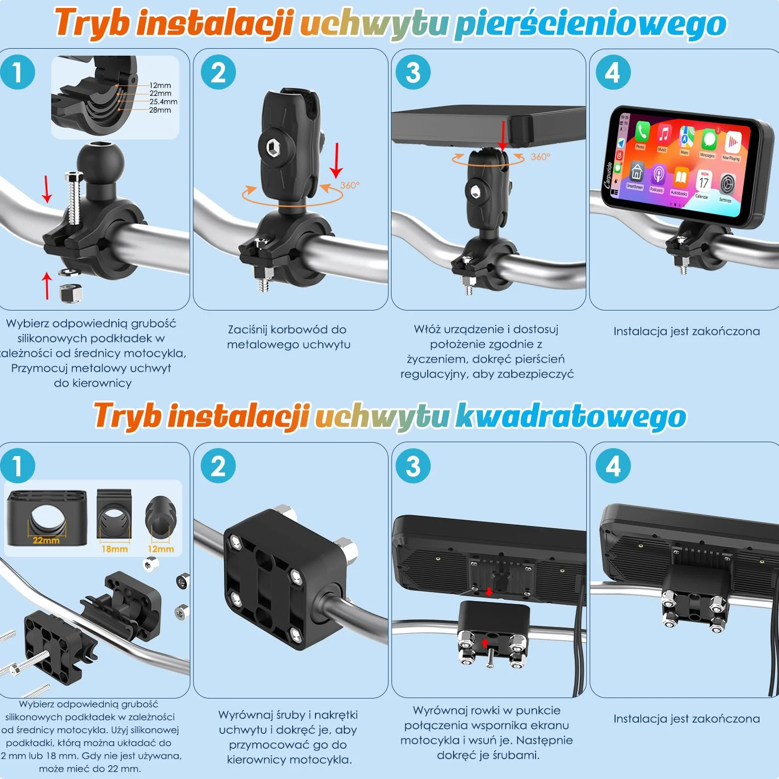 Carpuride W603 Ekran motocyklowy Carplay, Bezprzewodowa funkcja CarPlay i Android Auto dla Moto, Pilot zdalnego sterowania, Wodoodporny ekran dotykowy 6,3 cala, Nawigacja GPS, Siri, Asystent G00gle