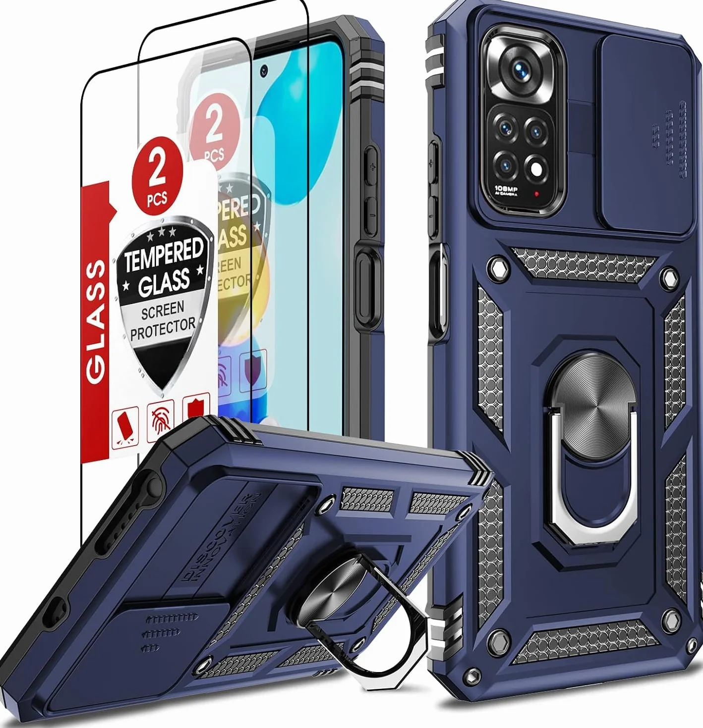 LeYi Etui Xiaomi Redmi Note 11 Note 11S 6,43" szkło hartowane metalowy pierścień ochronne niebieskie