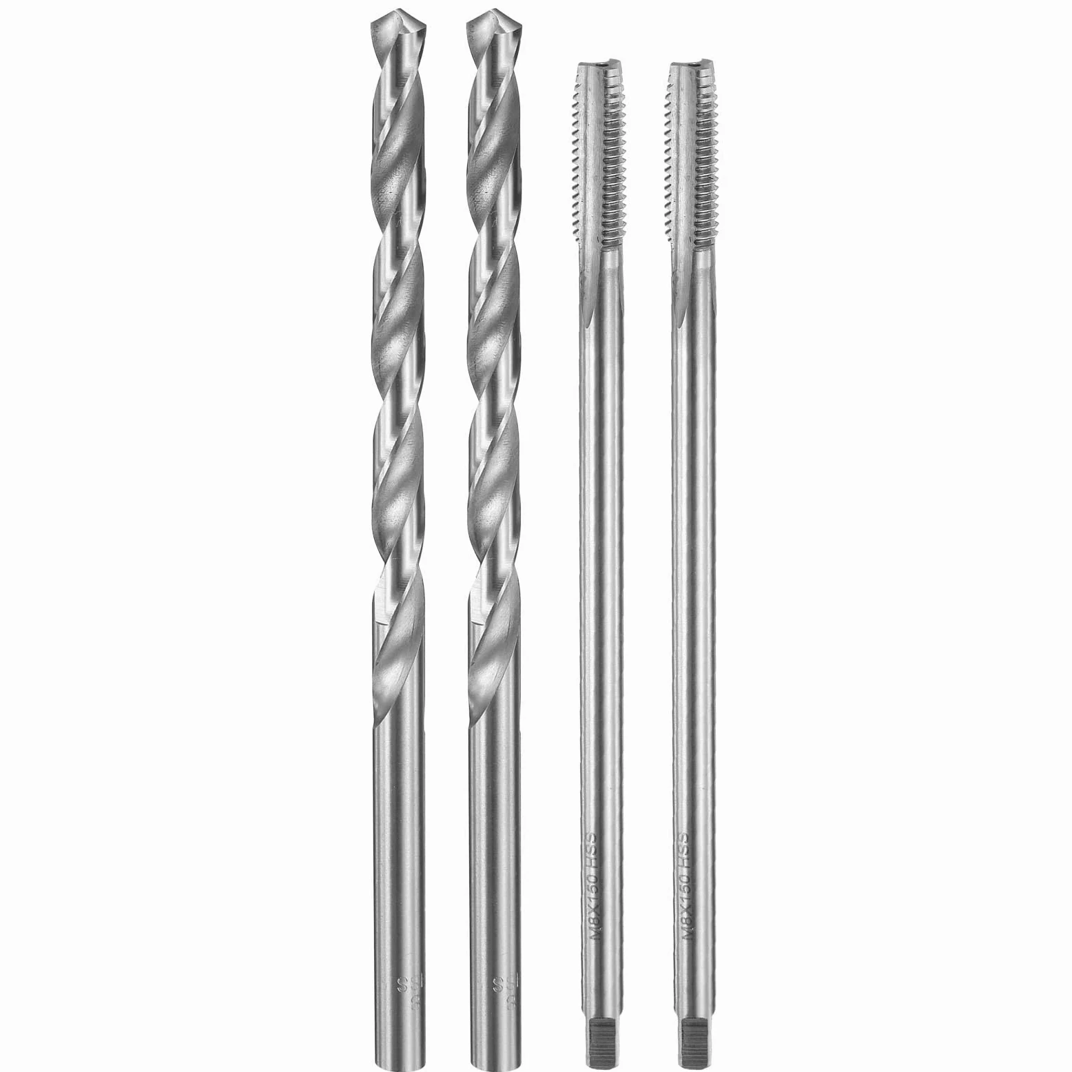 Zestaw gwintowników i wierteł, 2 szt. gwintowników metrycznych M8 x 1,25 z prostym rowkiem, 150 mm, bardzo długie i 2 szt. wierteł krętych 8 mm, 165 mm, bardzo długie, narzędzie do gwintowania HSS-