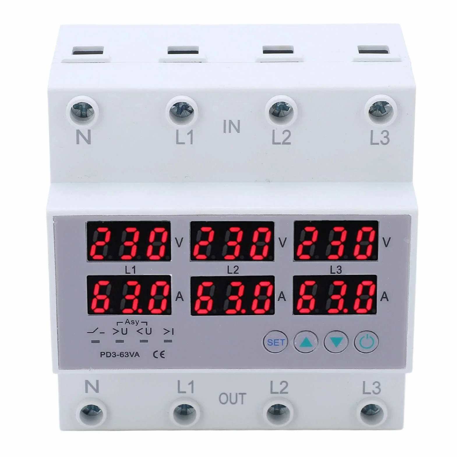 3-fazowy Woltomierz Amperomierz na Szynie DIN Multi Tester, AC 390-500 V Automatyczne Zabezpieczenie Nadnapięciowe Nadprądowe(63A)