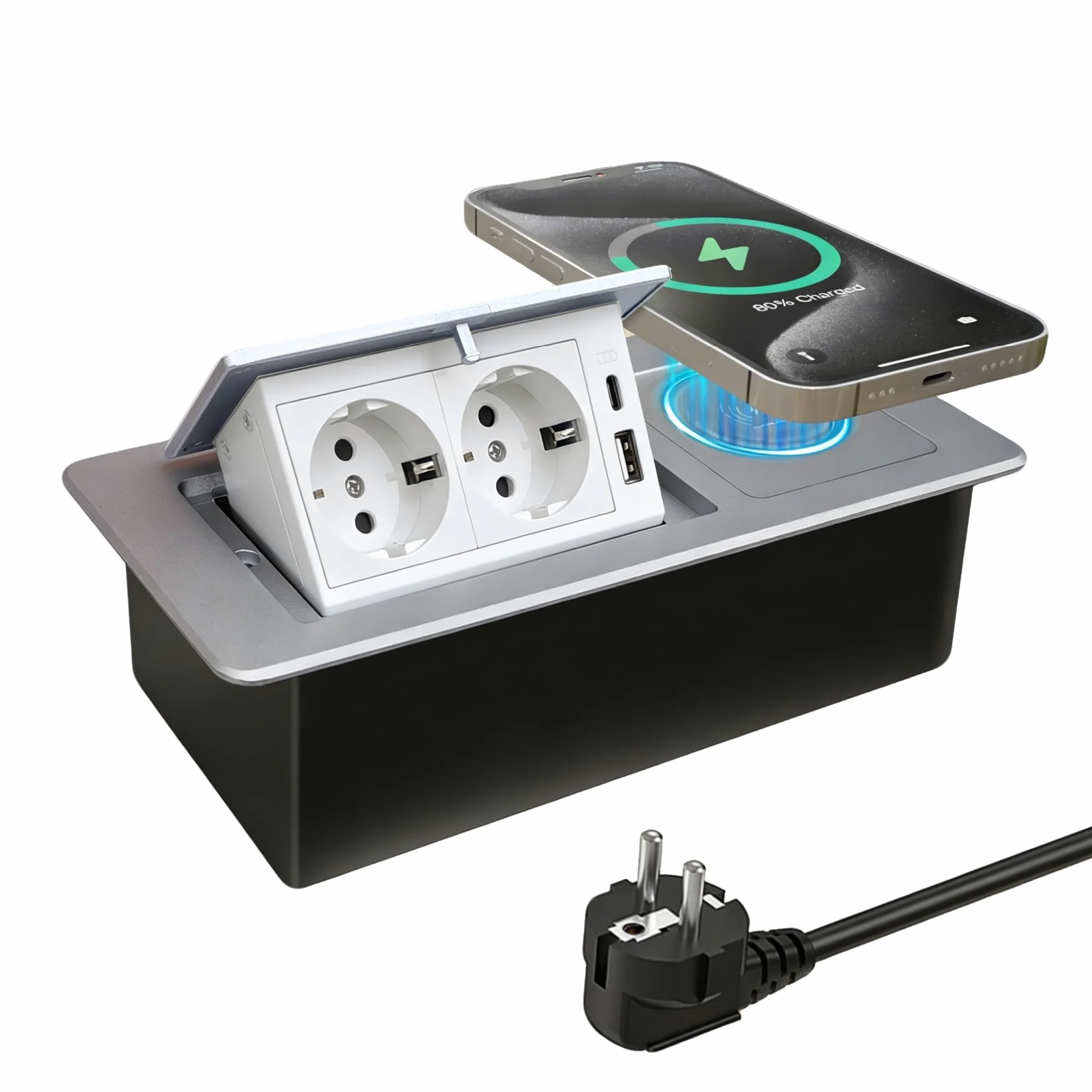 Wysuwane gniazdko elektryczne PD20W USB-C i 15 W indukcyjne ładowanie, kolor srebrny | Szybkie ładowanie USB-A i Type-C, bezprzewodowa ładowarka 15 W, kabel 1,8 m, do blatu roboczego, biurka