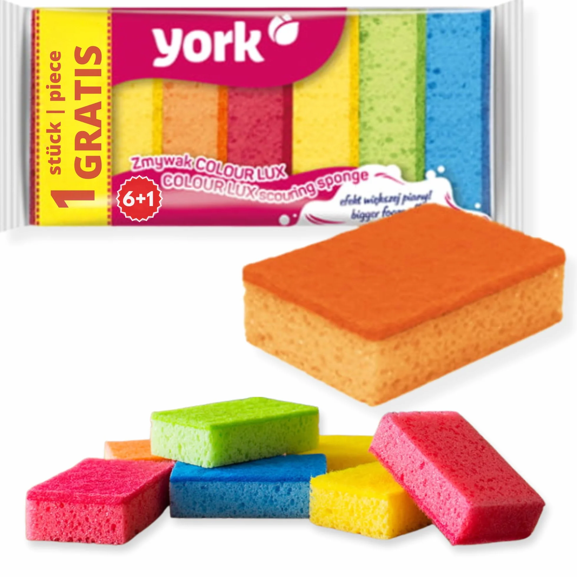 YORK Zmywak Kuchenny 6+1, Uniwersalny, do Mycia Naczyń, Kuchni, Czyszczenia Łazienki, z Miękkiej Pianki, COLOR LUX