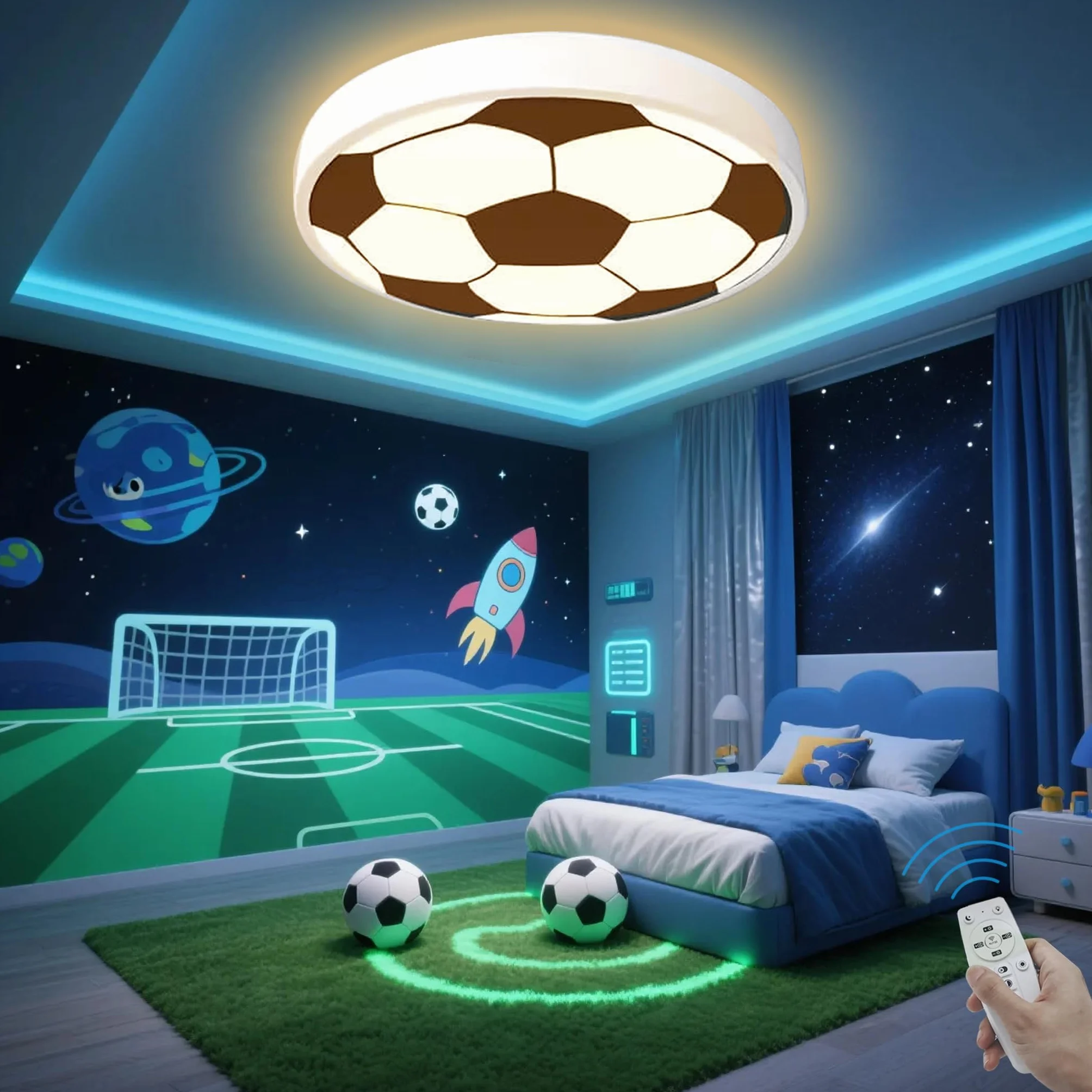 DROMEZ Lampa Sufitowa LED do Pokoju Dziecięcego, Ściemnialna, 48 W, Piłka Nożna, Cienka, Okrągła, z Pilotem, do Sypialni, Pokoju Młodzieżowego, 3000-6000 K, Ø