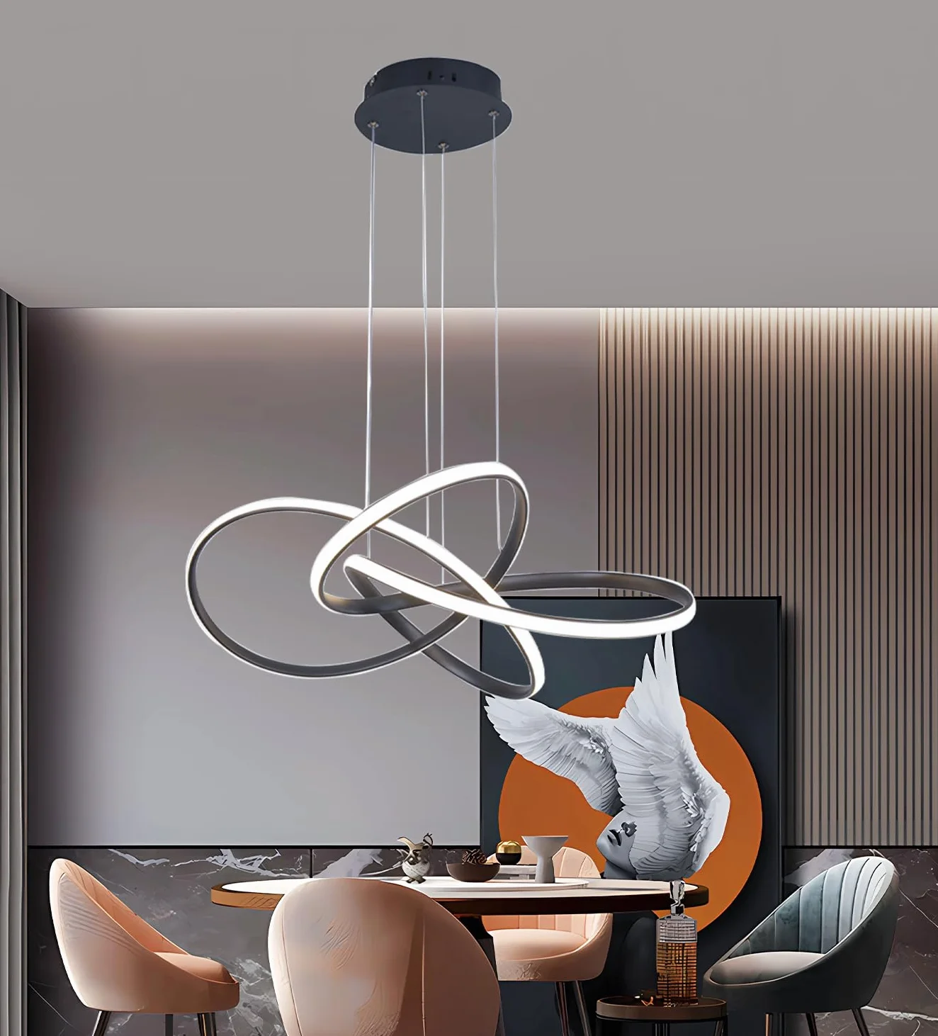 Lampa wisząca LED Nowoczesna kreatywna lampa wisząca Lampa wisząca w kształcie pierścienia Z regulacją jasności za pomocą pilota Regulowana wysokość 3000K-6000K do salonu jadalni gabinetu (Czarny)