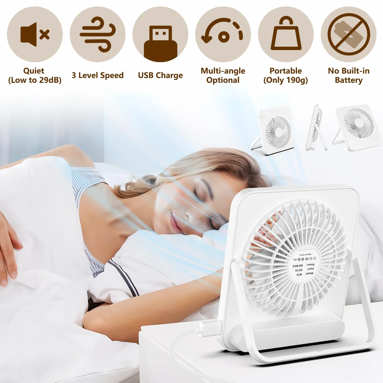 Hianjoo wentylator USB, mini wentylator cichy, wentylator biurkowy z 3 prędkościami, wentylator na USB Desk Fan do biura, domu i sypialni [biały] zasilanie przez USB, bez baterii