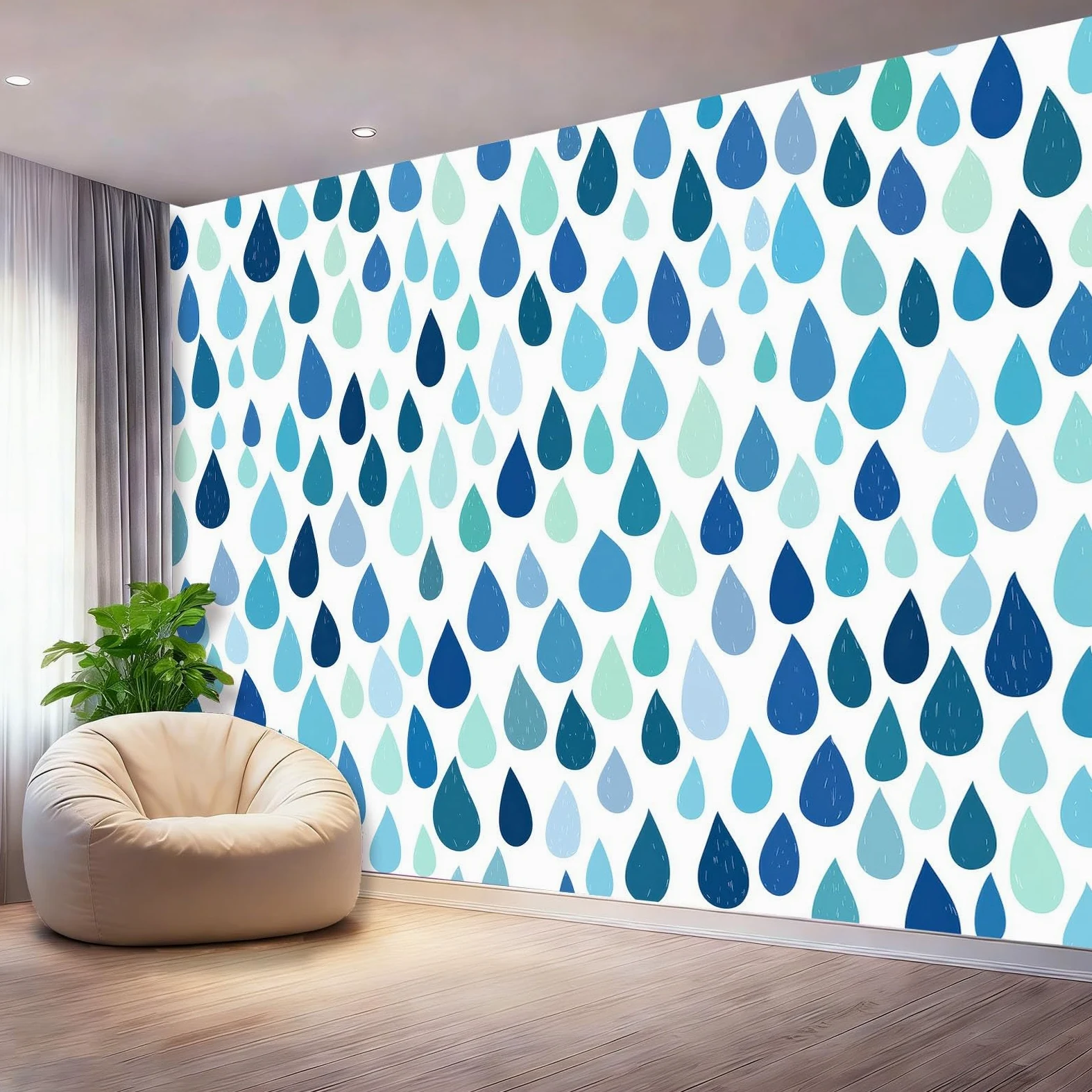 Minimalistyczny geometryczny mural ścienny z włókniny do sypialni, przy łóżku i przedpokoju, ściana akcentująca, 300 x 210 cm, niewklejony efekt 3D, duży plakat z fototapetą, niebieskie krople deszczu