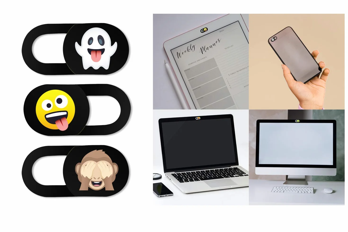 Osłona kamery internetowej 3-pak ze wzorem emoji. Bardzo cienka osłona na kamere 0,8 mm, do laptopów, tabletów, telefonów komórkowych, iMac, Macbooków, iPhone'a, notebooka (Ghost, Zany Face, Monkey)
