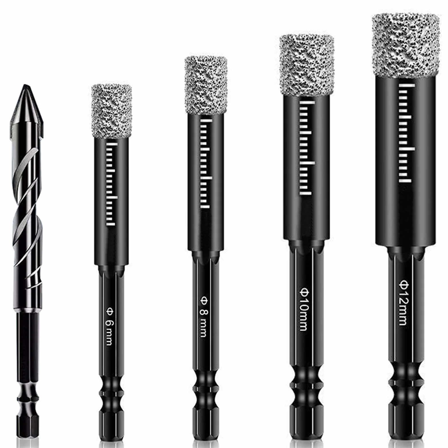 Zestaw wierteł do płytek 5-częściowy 6, 8, 10, 12 mm, wiertło diamentowe do szkła do ceramiki, granitu, szkła, porcelany, płytek, twardych płytek, gresu porcelanowego