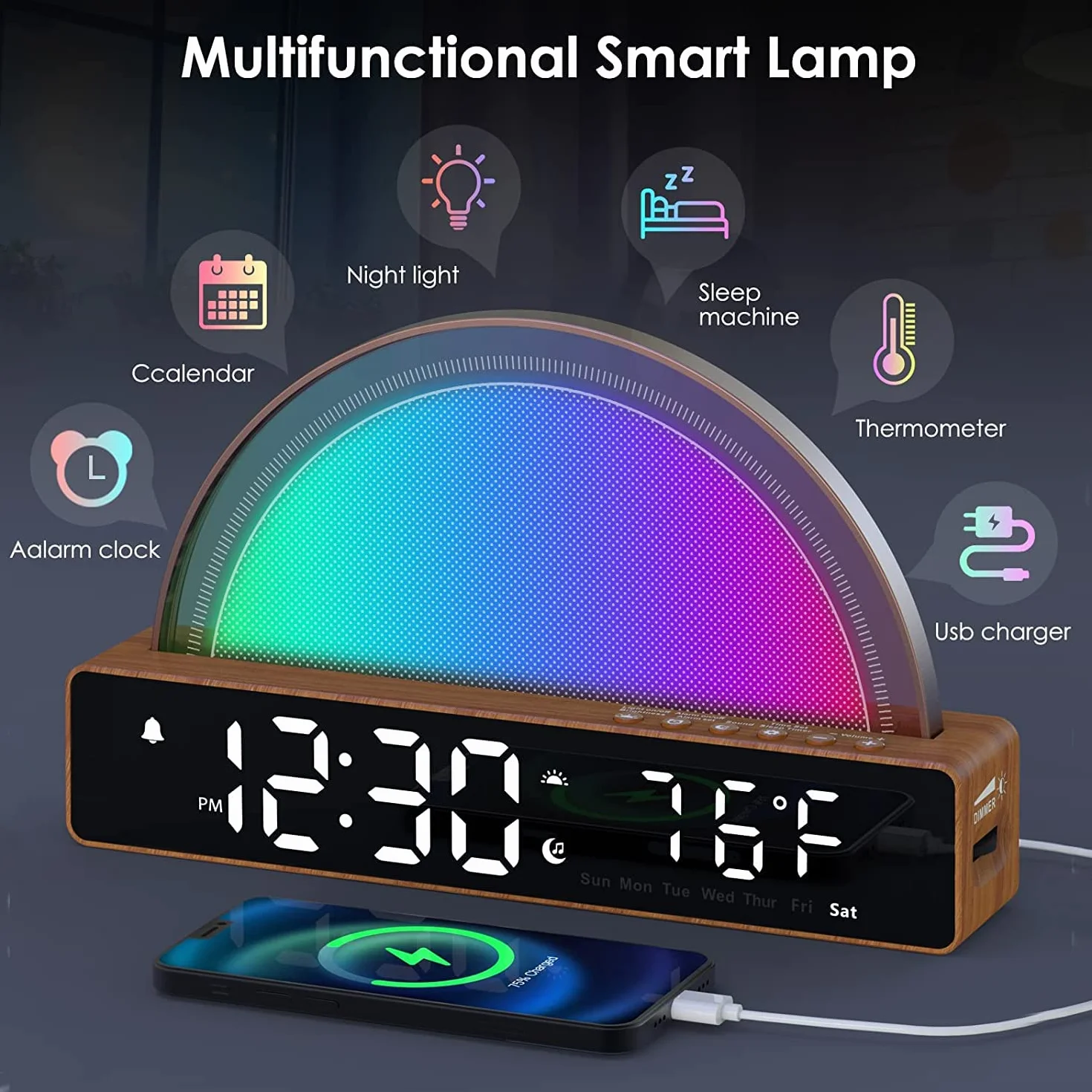 Budzik ze światłem, budzik świetlny, White Noise Machine, lampka nocna, dotykowa, ściemniana, lampa stołowa z 10 trybami do spania, funkcja drzemki, timer/wskaźnik temperatury, stacja ładująca USB,