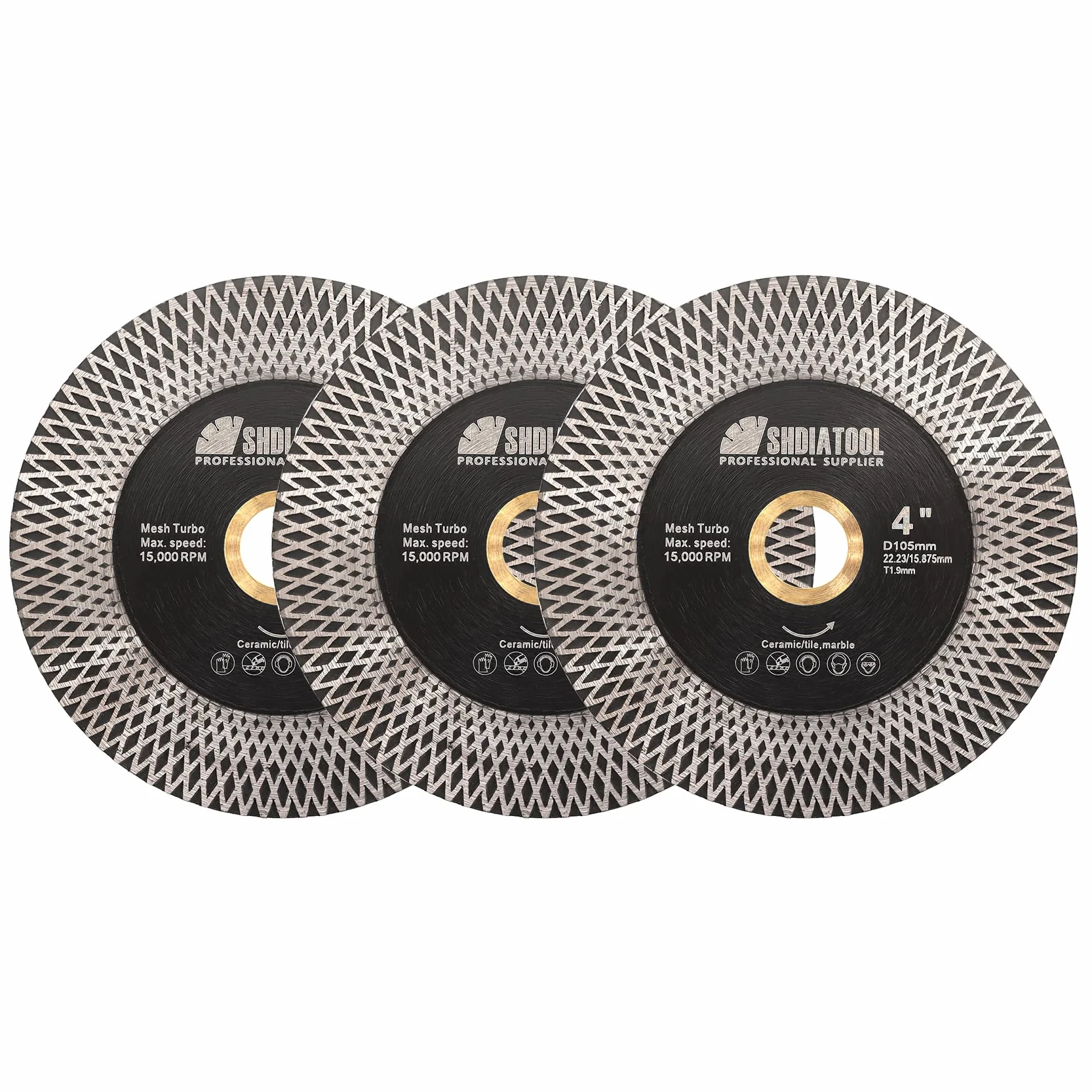 SHDIATOOL Piła diamentowa do płytek, tarcza szlifierska 105 mm / 4 cale do cięcia na sucho i na mokro porcelanowa płytka ceramiczna granit marmur sztuczny kamień, 3 szt