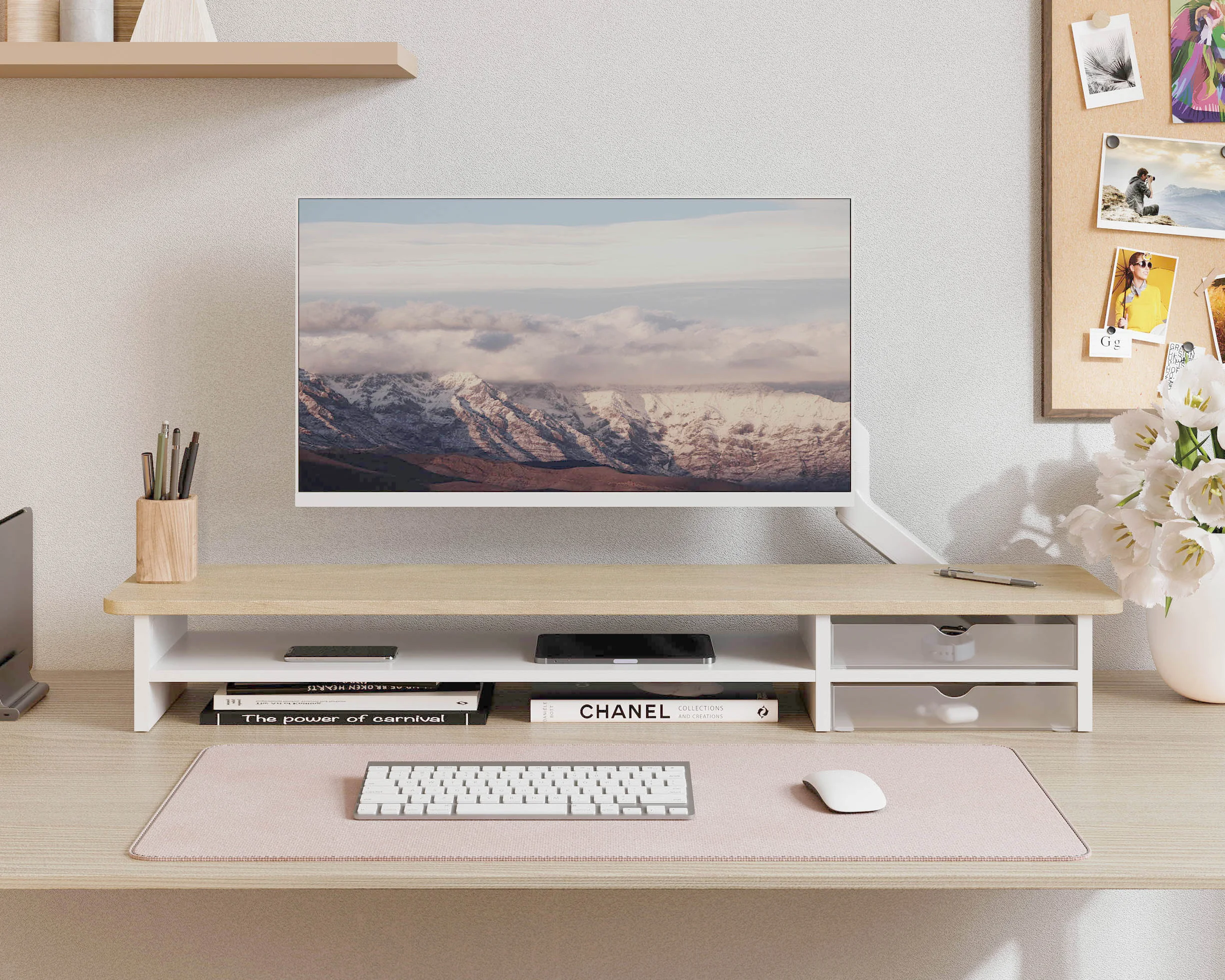 Fenge Podnośnik do dwóch monitorów 108 cm z szufladami akrylowymi dąb biały