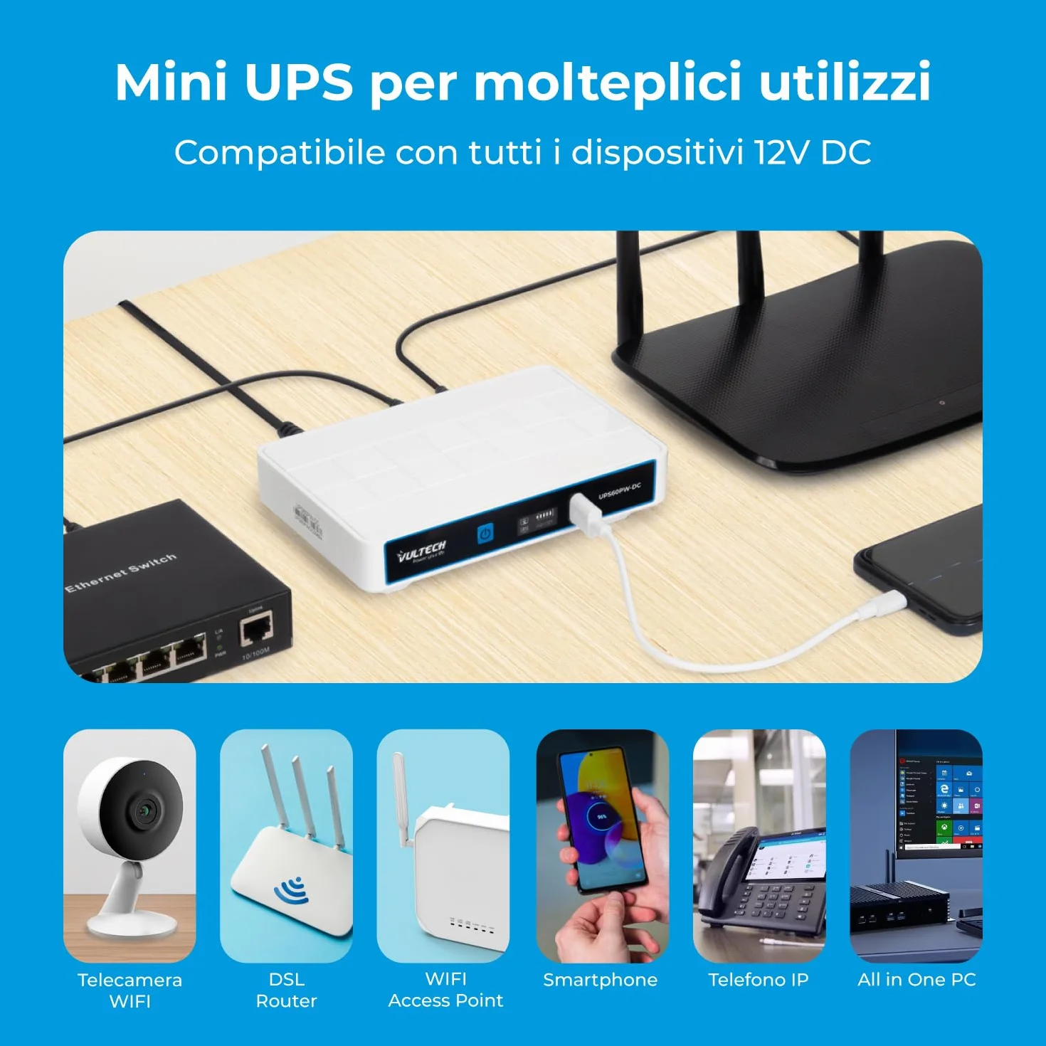 VulTech UPS60PW-DC Rev. 2.1 Biały Mini UPS 6000 mAh 60 W Przenośny zasilacz awaryjny do modemu routera bezprzewodowego Kamera Power Bank Smartphone Wejście 100-240 VAC USB 5 V DC 12 V