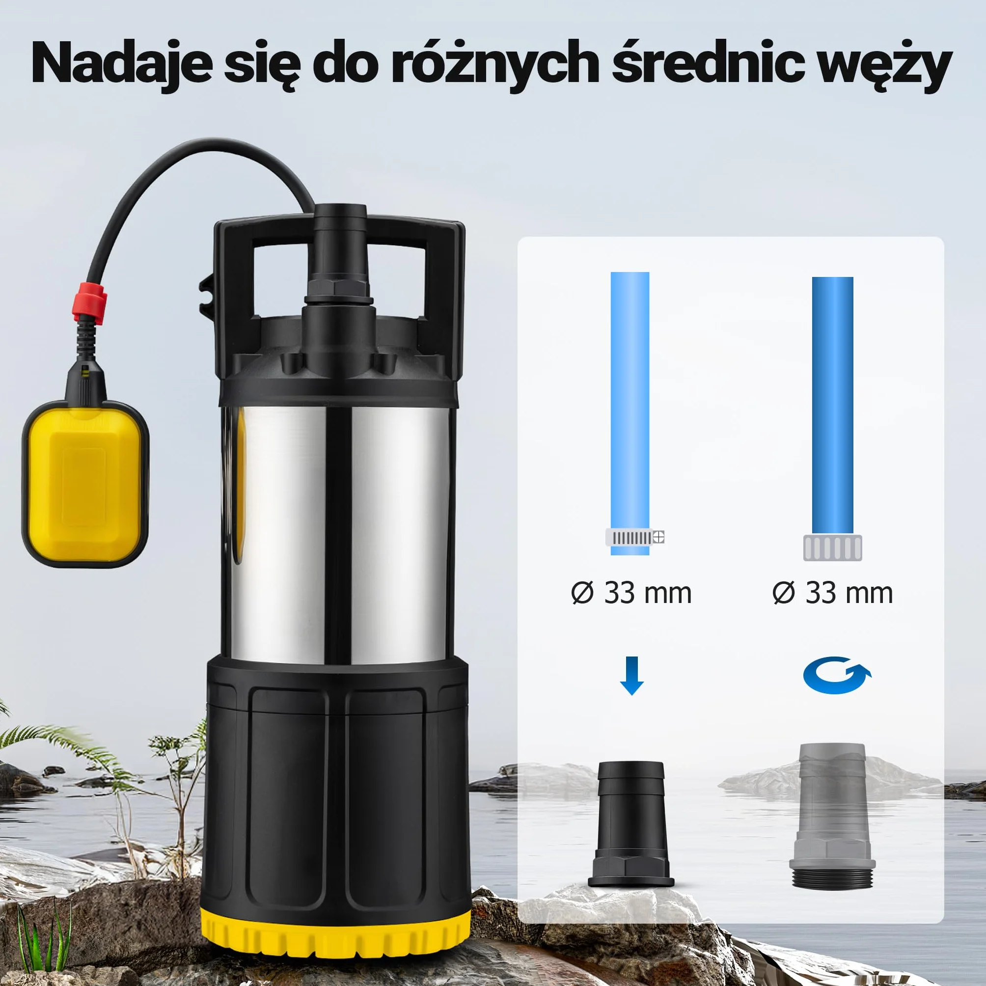Wiltec Pompa zatapialna do wody czystej, wysokość tłoczenia 20 m, obudowa ze stali nierdzewnej, 850 W z przepływem 5000 l/h, do pompowania z basenów i deszczówki