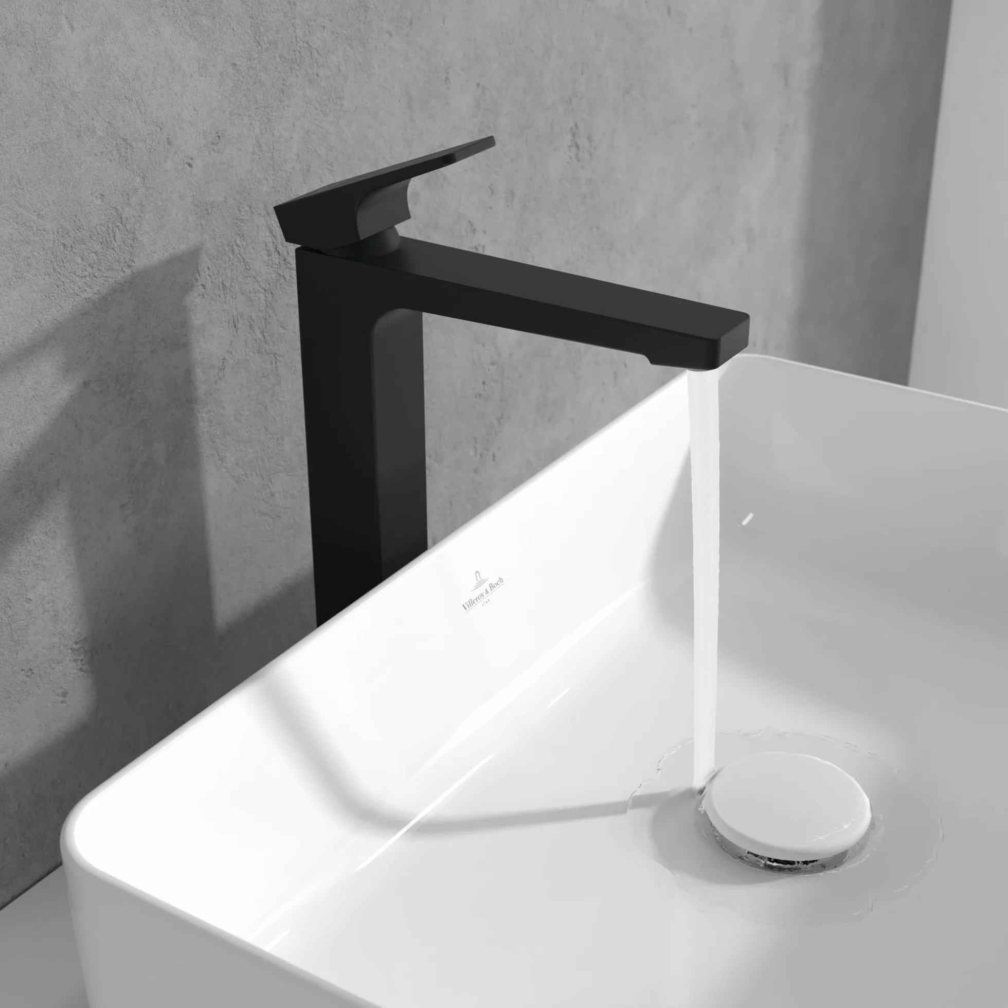 Villeroy & Boch Architectura Square armatura umywalkowa, podwyższona, kran łazienkowy z zestawem odpływowym Push-Open, bateria umywalkowa, oszczędzająca wodę, wysokość wylotu 258 mm, prostokątna,