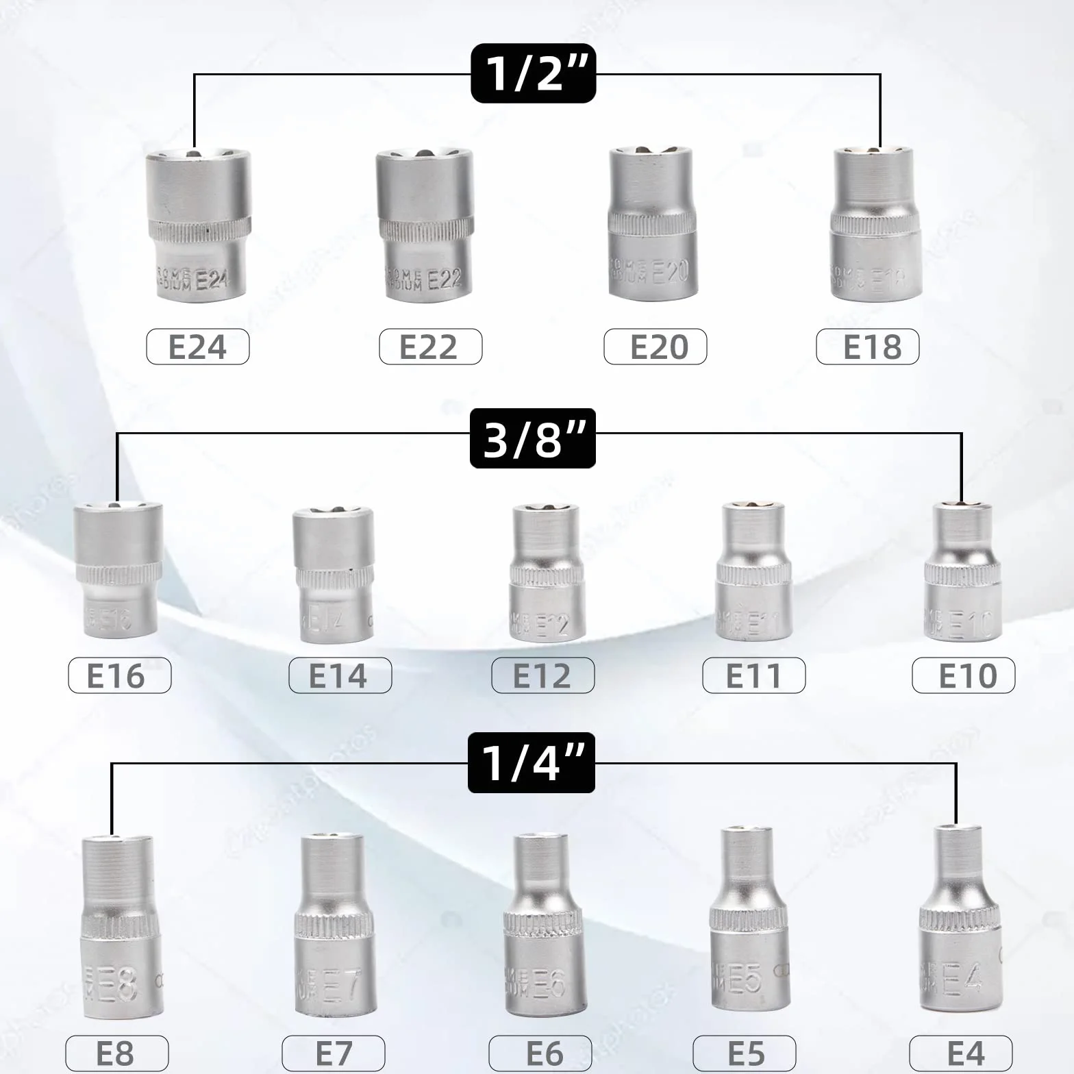 CCLIFE Zestaw kluczy nasadowych torx E-profil, E4-E24, 1/4, 3/8, 1/2 cala, 14 szt.