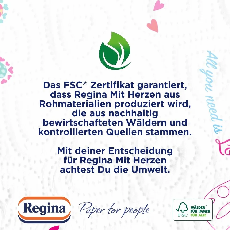 Regina Chusty domowe z serduszkami, 3-warstwowe, 32 opakowania w rolkach (8 x 4 opakowania pojedyncze) | 43 arkusze w rolce | super chłonne, grube, odporne | papier z certyfikatem FSC
