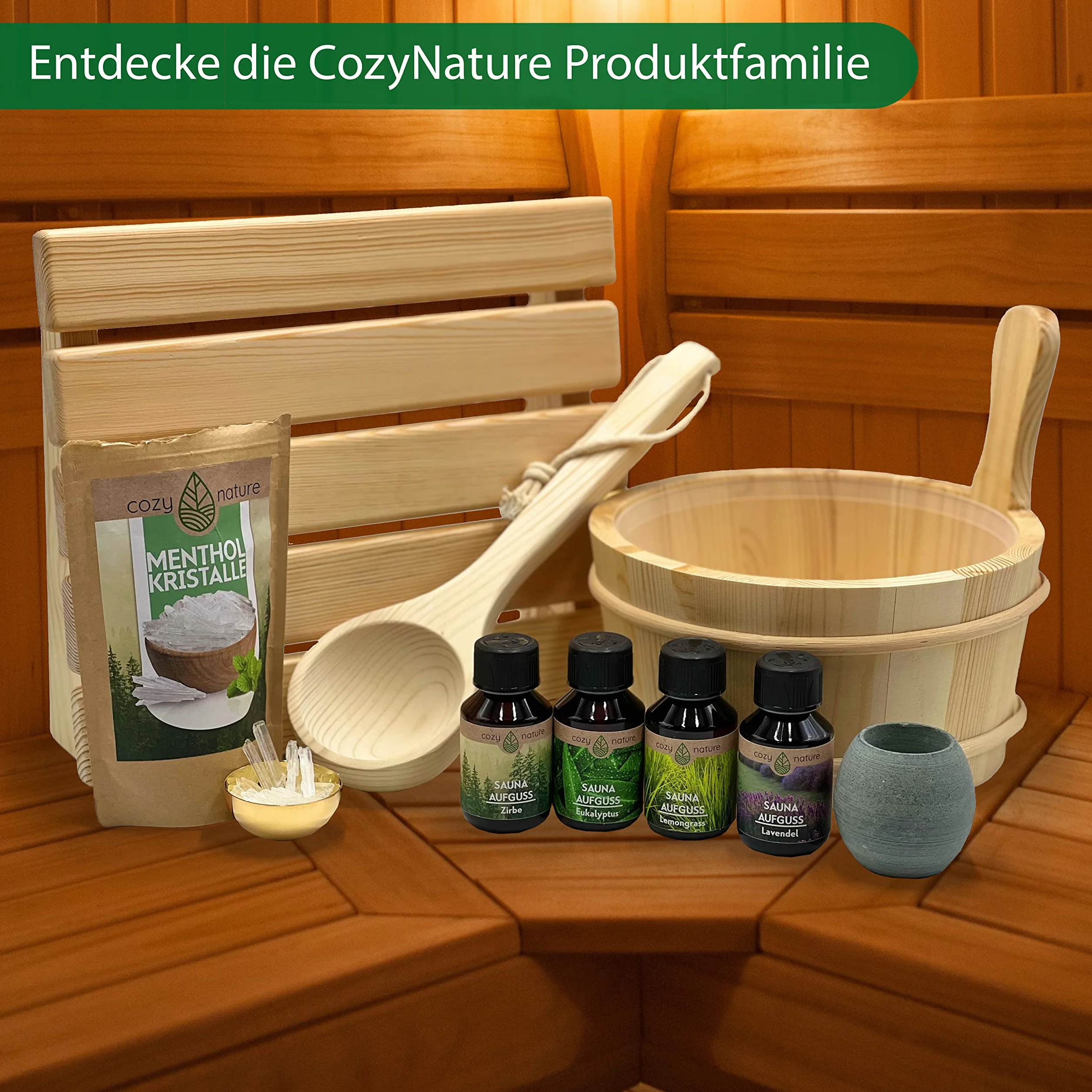 CozyNature Wiadro do sauny z chochlą wykonane z wysokiej jakości drewna sosnowego z fińskiego drewna sosnowego, szlachetny metalowy pierścień - mocna lina konopna i wkładka z tworzywa sztucznego, w
