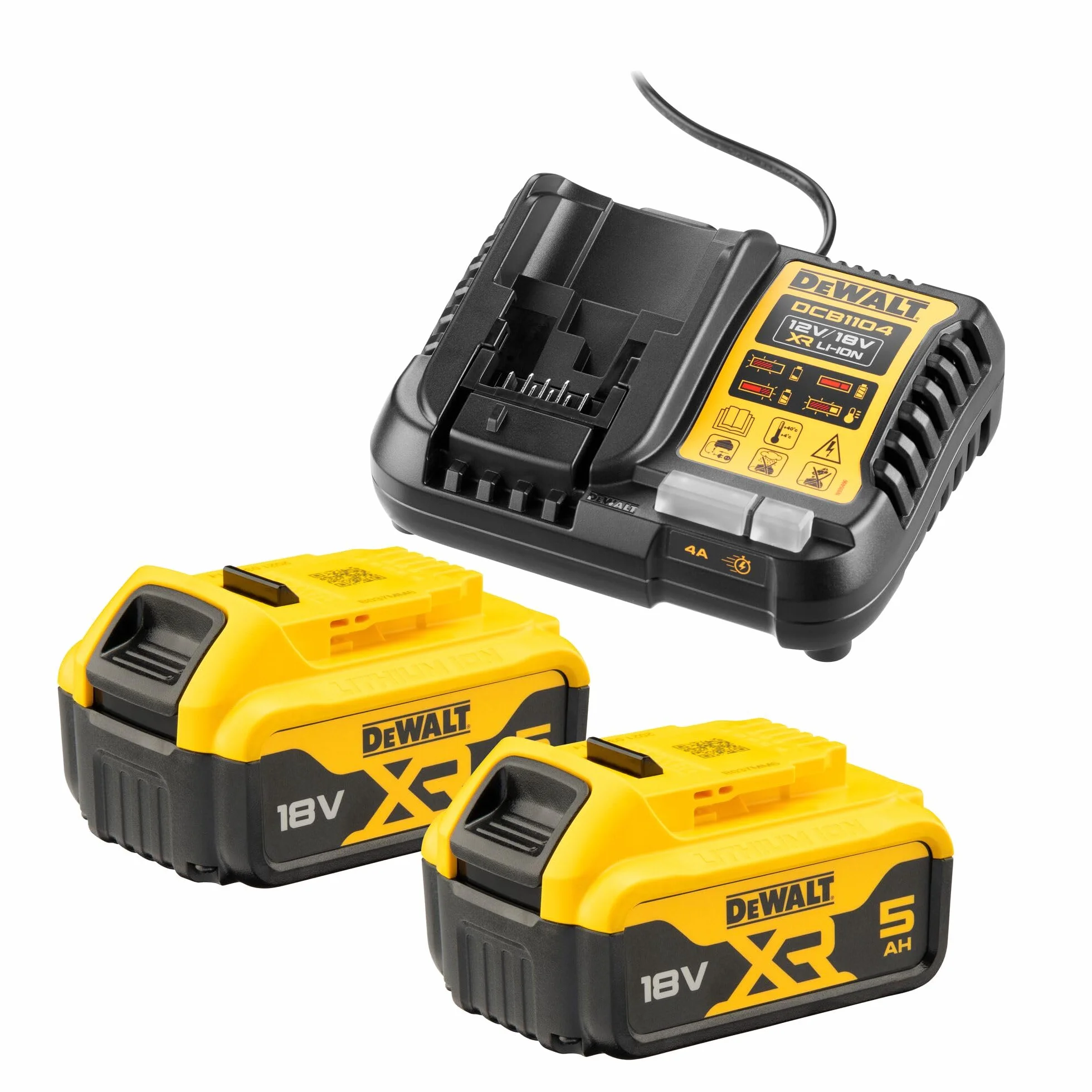 Dewalt DCB1104P2 zestaw startowy do akumulatora 18 V / 5,0 Ah (składający się z 2 akumulatorów (DCB184-XJ) i 1 x systemowej szybkiej ładowarki (DCB1104-QW), ze wskaźnikiem stanu naładowania, pasuje do