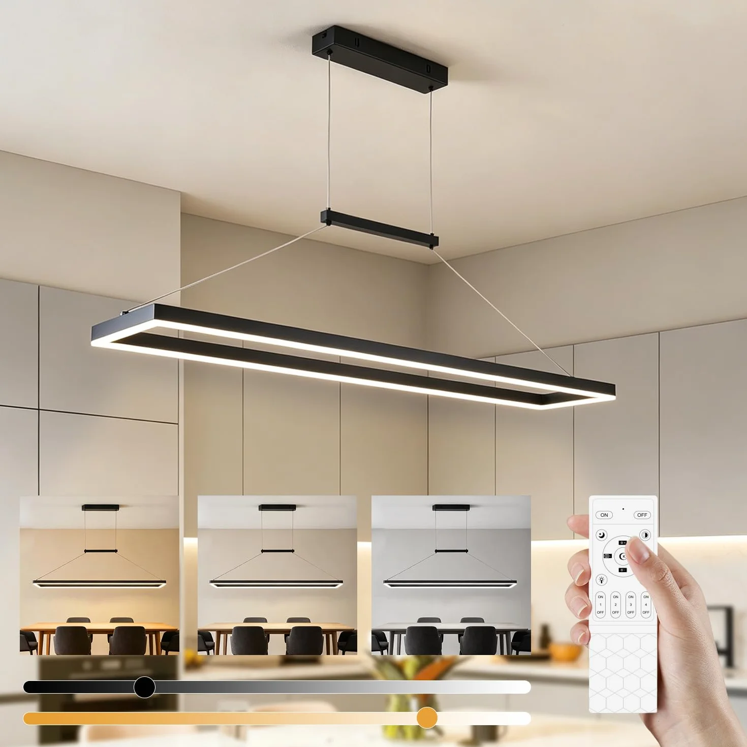 120 cm nowoczesna lampa wisząca LED, 52W czarny żyrandol sufitowy | Prostokątna lampa wisząca z pilotem zdalnego sterowania i pamięcią, regulacja czasu, wysokość do jadalni, kuchni, biura
