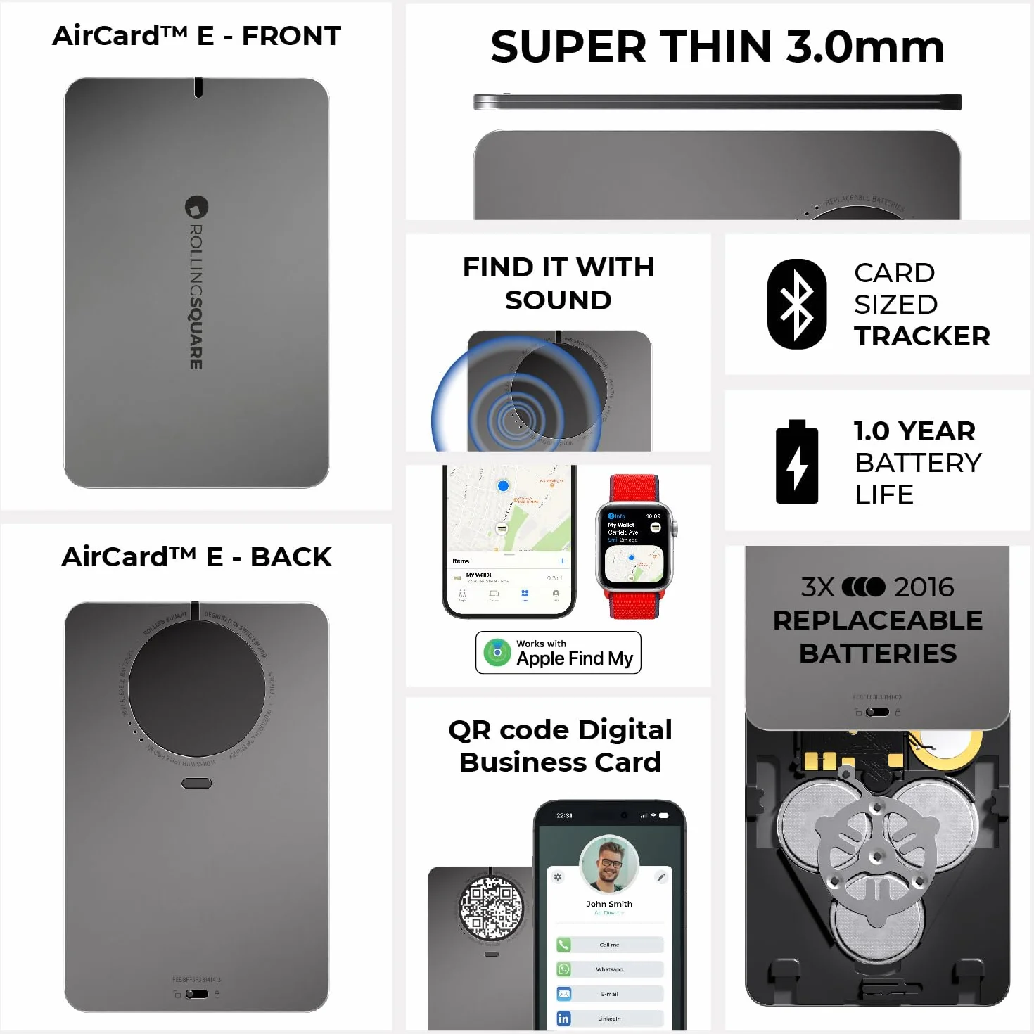 Rolling Square AirCard E, kompatybilny z funkcją Znajdź moją sieć, ładowalny lokalizator kart Bluetooth z kodem QR wizytówki - super cienki 0,12 cala