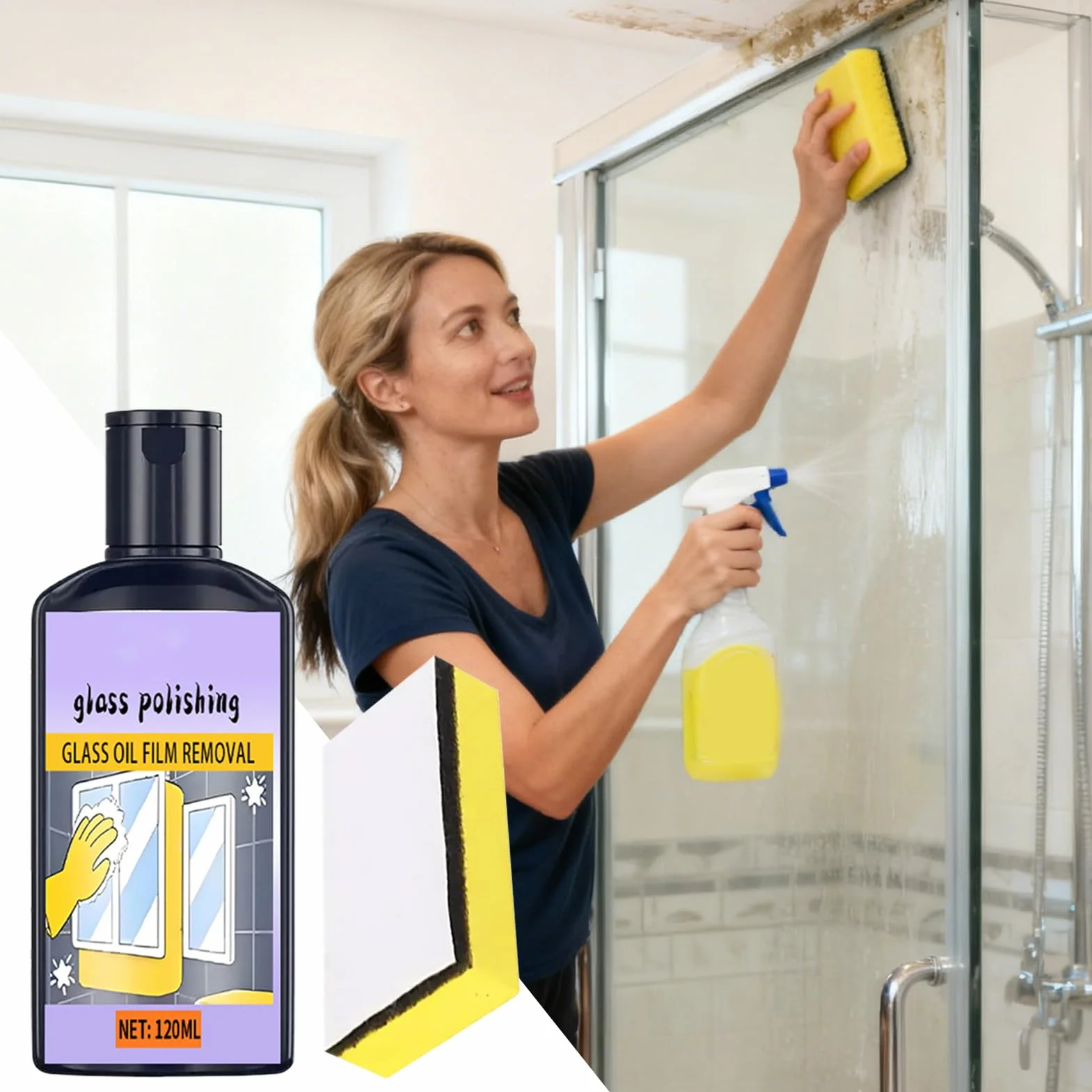 Środek do czyszczenia szyb prysznicowych, 120 ml, zmywacz folii olejowej do szkła i okien, z gąbką, do łazienki, toalety, wanny, umywalki, kuchni, płytek, lustra, sprzątania domu