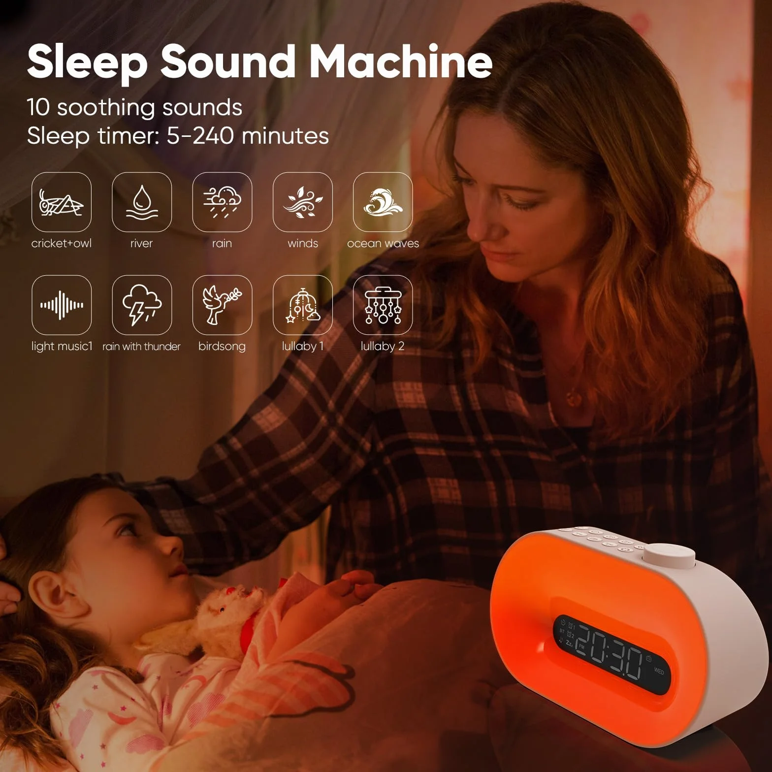 Budzik z radiem FM, 2 alarmy, drzemka, 8 dzwonków, 10 hipnotycznych dźwięków, budzik z głośnikami Bluetooth, 16 kolorów świetlnych na imprezę/urodziny / Boże Narodzenie