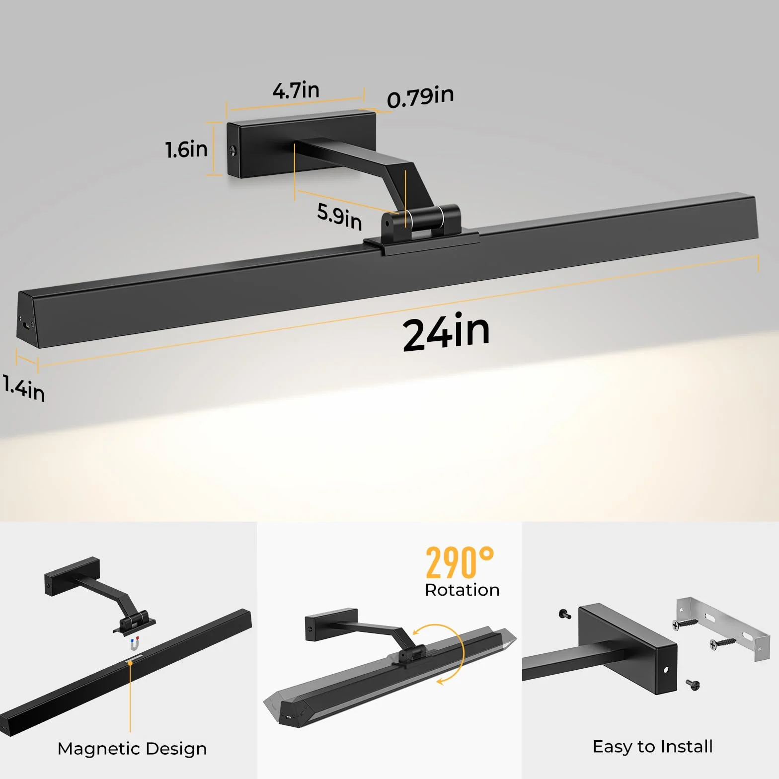 AIBOO Bezprzewodowa lampa LED do obrazu, ładowana, z pilotem zdalnego sterowania, zasilanie bateryjne, 60 cm, bezprzewodowa, ścienna lampa ścienna, lampa do obrazu, oświetlenie darta, możliwość