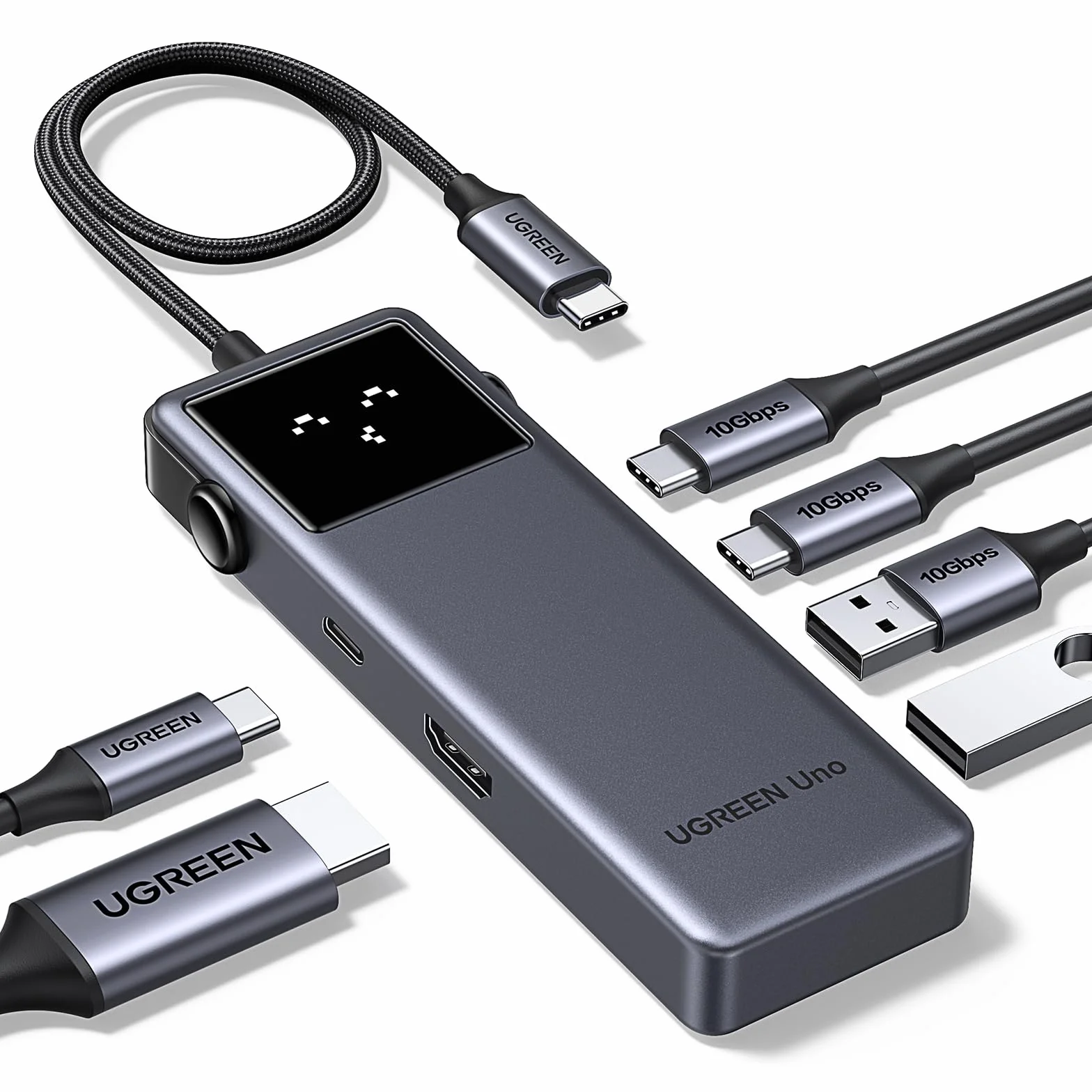 UGREEN Uno USB C Hub 10Gbps 4K@60Hz HDMI Inteligentny wyświetlacz LED PD 100W Adapter USB C 2*USB A i 2*USB C