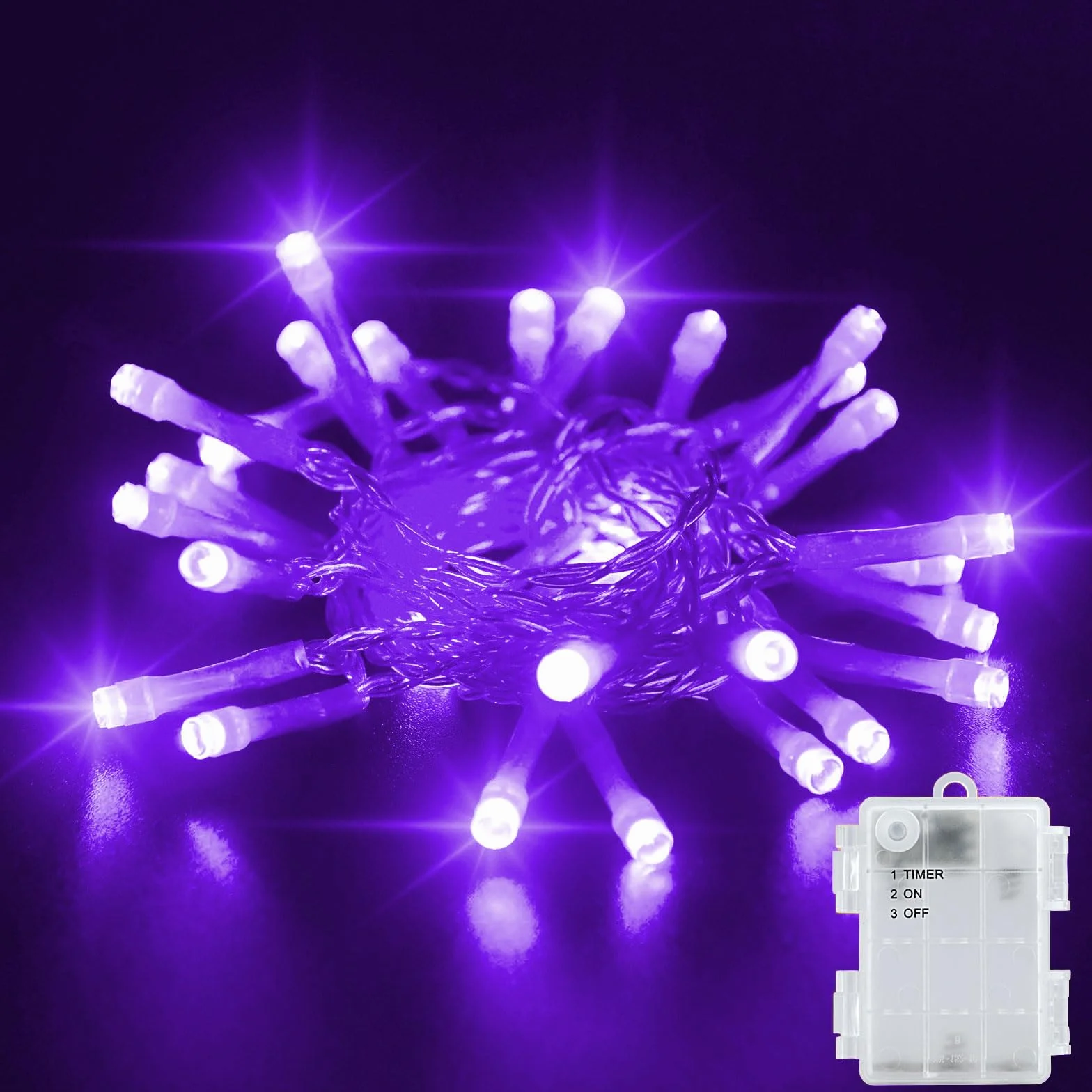 Dalugo Fioletowy łańcuch świetlny na baterie, 3 m, 30 diod LED, na zewnątrz, z timerem 6 h, wodoszczelność IP65, do użytku wewnątrz i na zewnątrz, dekoracja bożonarodzeniowa
