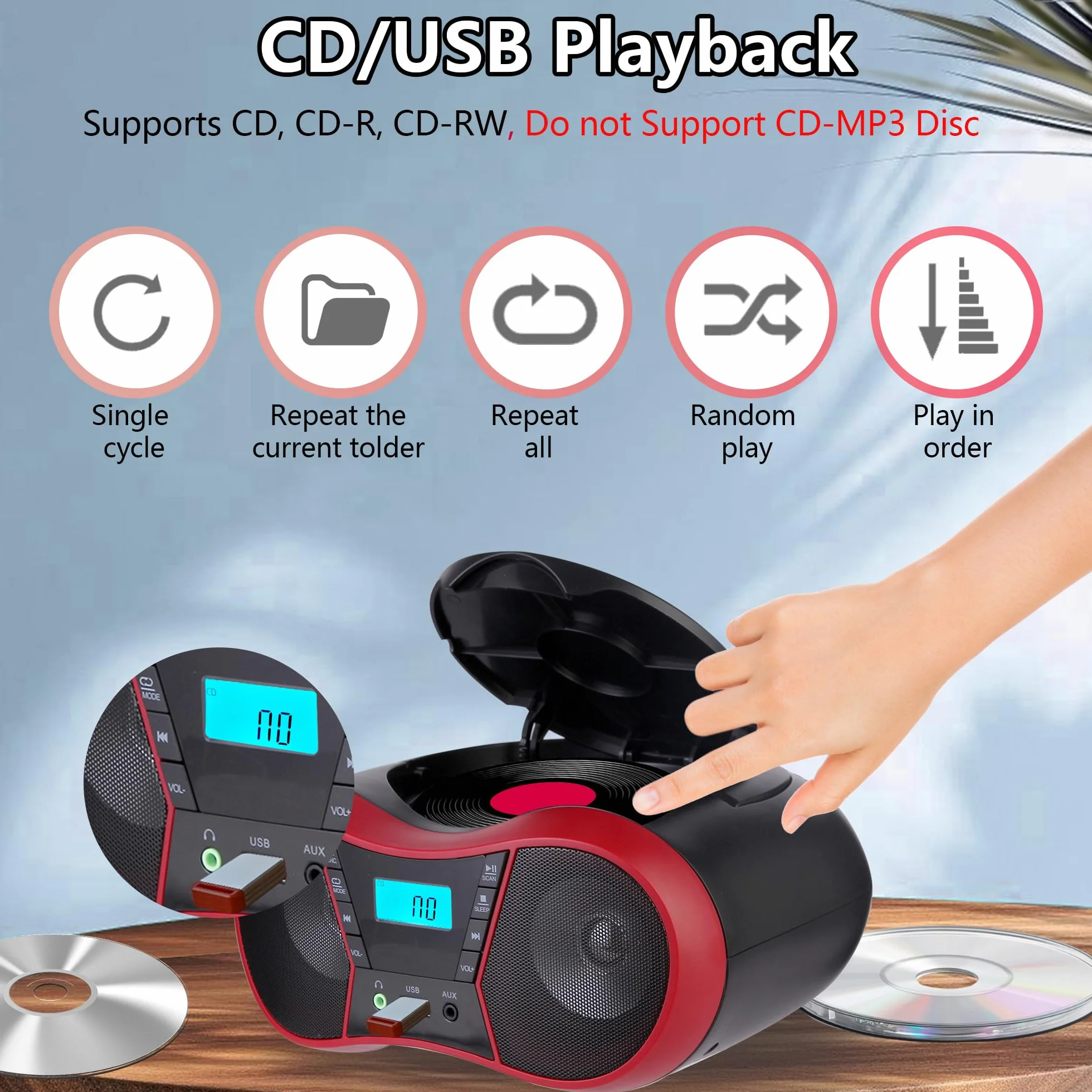 Przenośny odtwarzacz CD Boombox Bluetooth AUX USB FM stereo