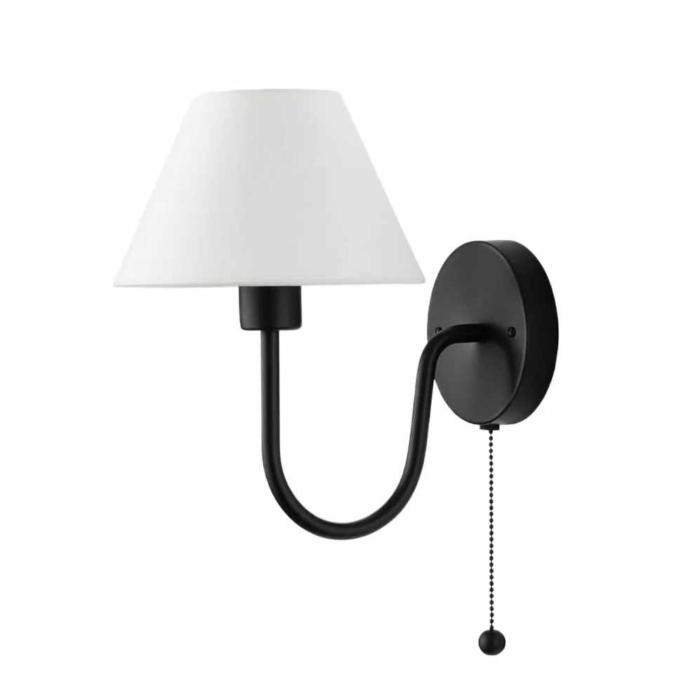 SEMANHUA czarna lampka nocna do czytania nowoczesna lampa do wnętrz w stylu vintage z przełącznikiem łańcuchowym i abażurem z białej tkaniny, metalowe kinkiety ścienne E27 z połowy wieku