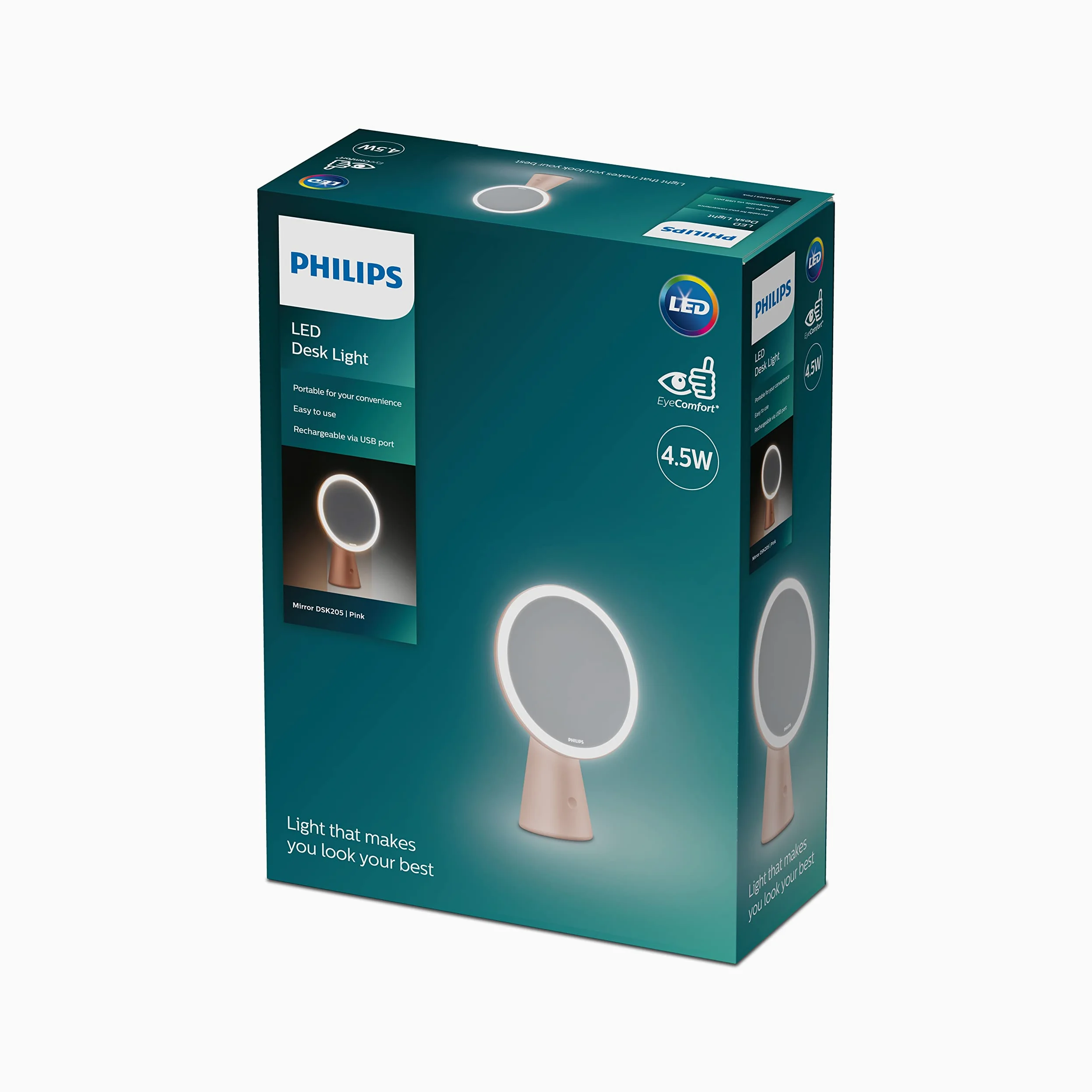 Philips LED Lampka biurkowa Performance Mirror DSK205, 4,5 W 80 lm, 3000-5000 K, różowa, możliwość przyciemniania, USB